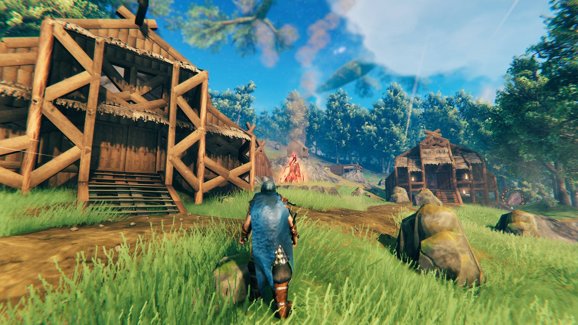 Valheim, blue armor, vibrant green field, Full HD Desktop Wallpaper
