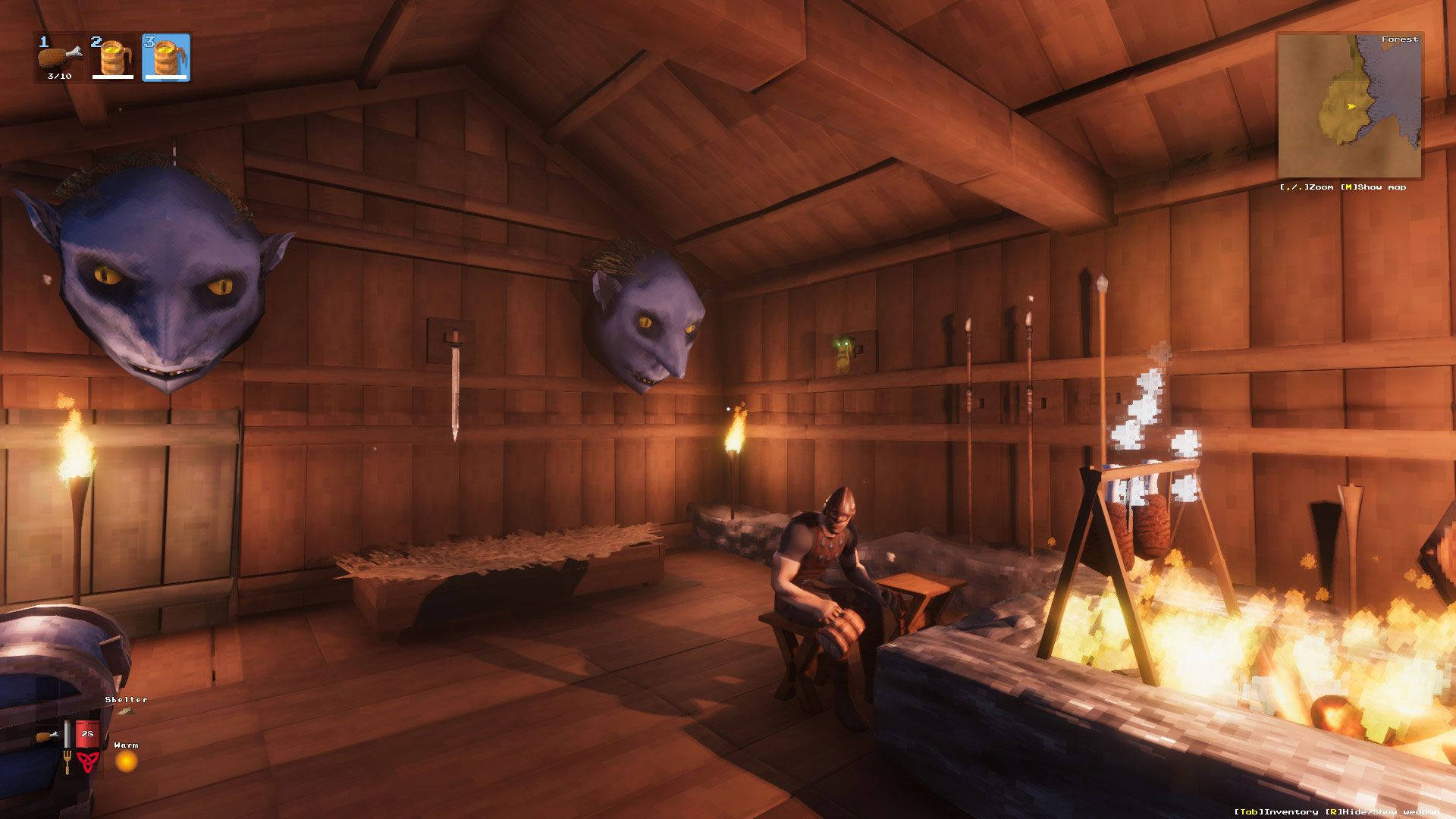 Valheim, wooden cabin, roaring fire, Full HD Desktop Wallpaper