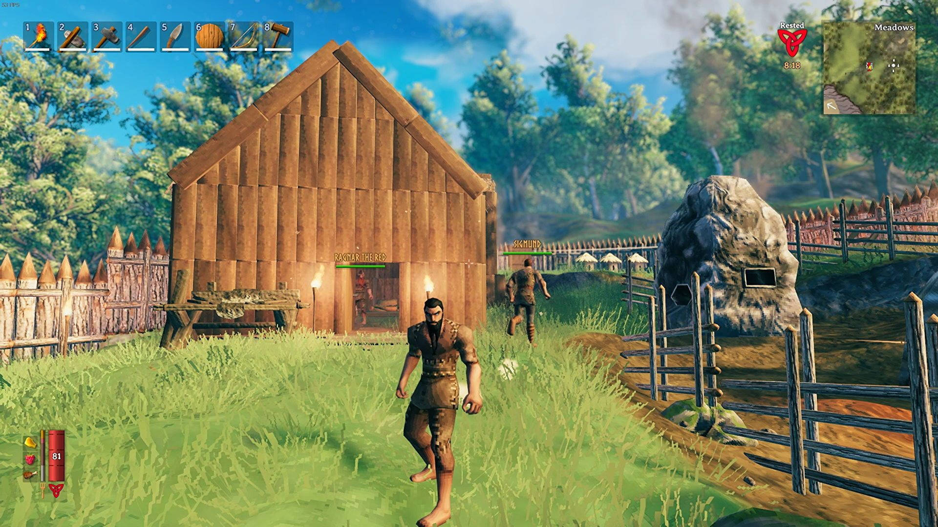 Valheim, rugged warrior, wooden huts, Full HD Desktop Wallpaper