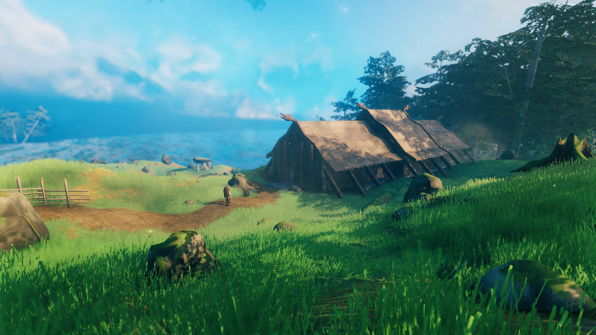 Valheim, wooden cabin, sunlit green meadow, Full HD Desktop Wallpaper