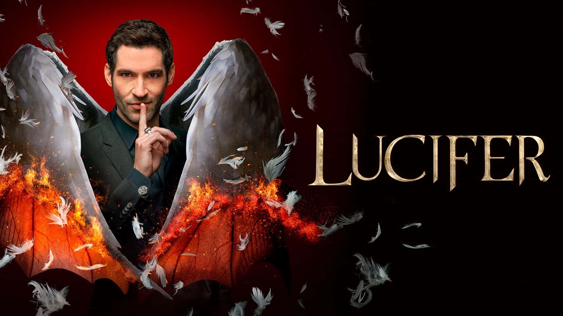 Lucifer, fiery angel wings, falling feathers, Full HD Desktop Wallpaper