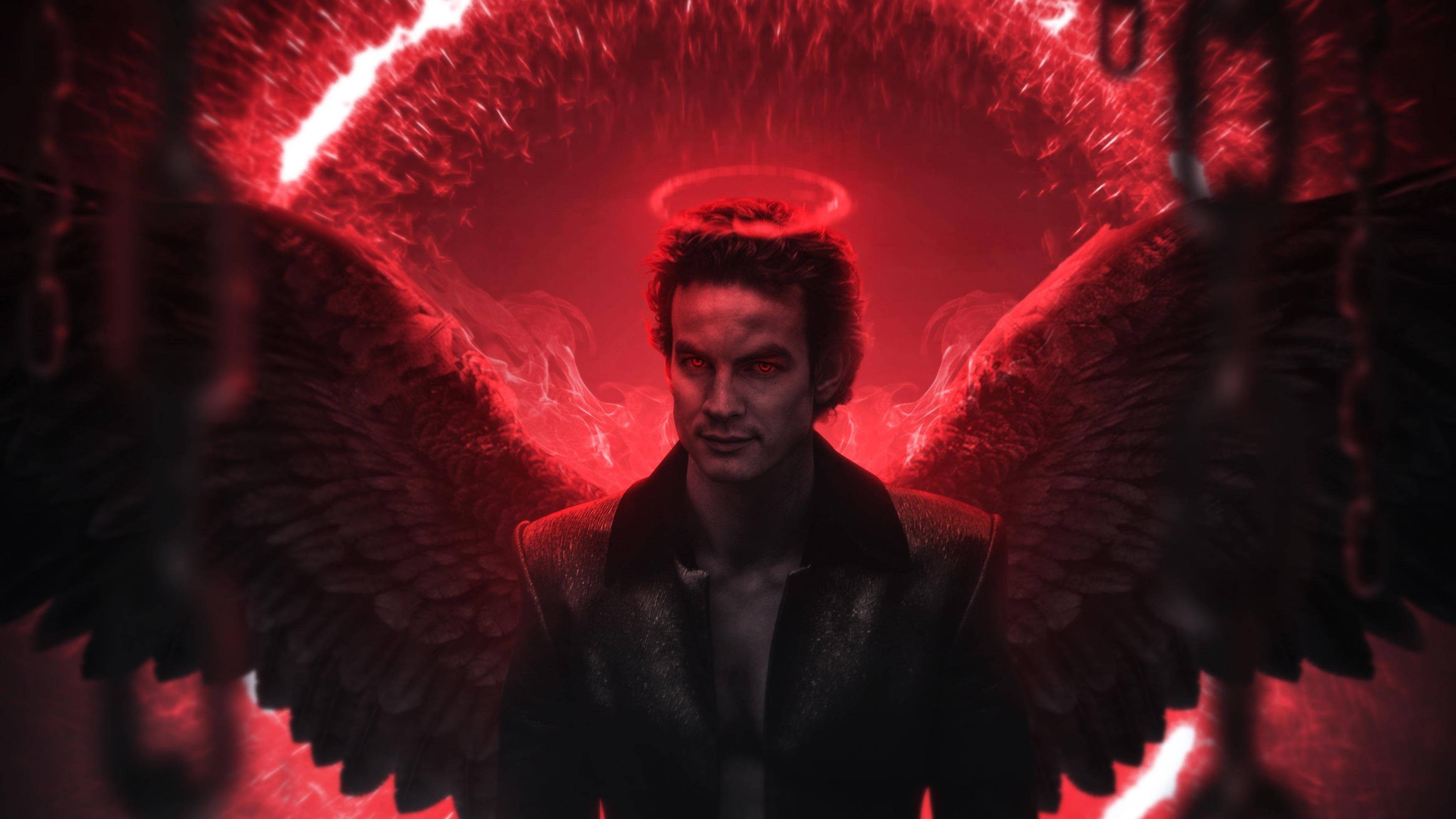 Lucifer, red halo, dark wings, 2K Desktop Wallpaper