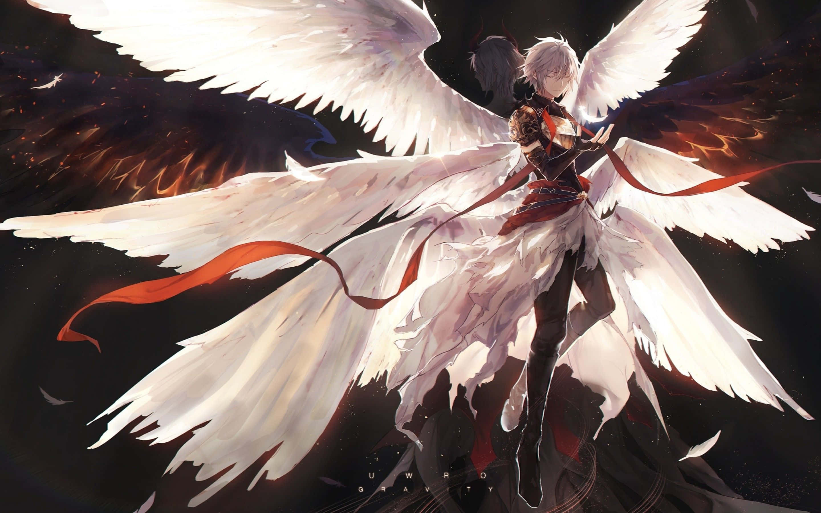 Lucifer, white-winged anime angel, red ribbon, 2K Desktop Wallpaper
