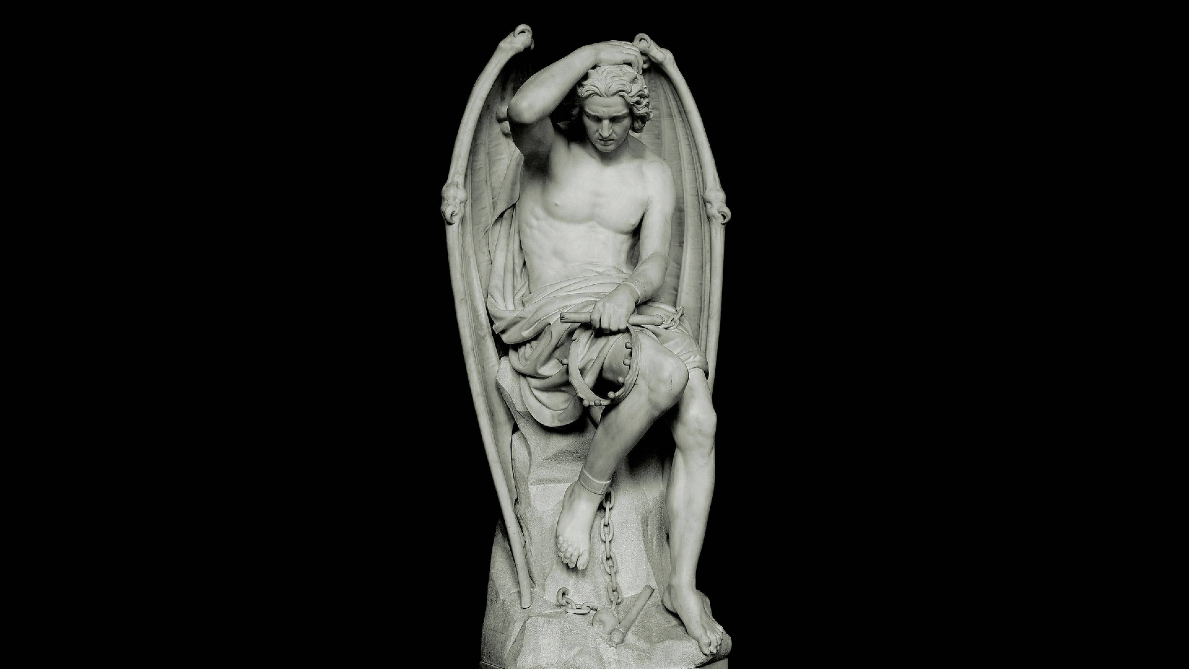 Lucifer, winged angel, marble statue, 4K Desktop Wallpaper
