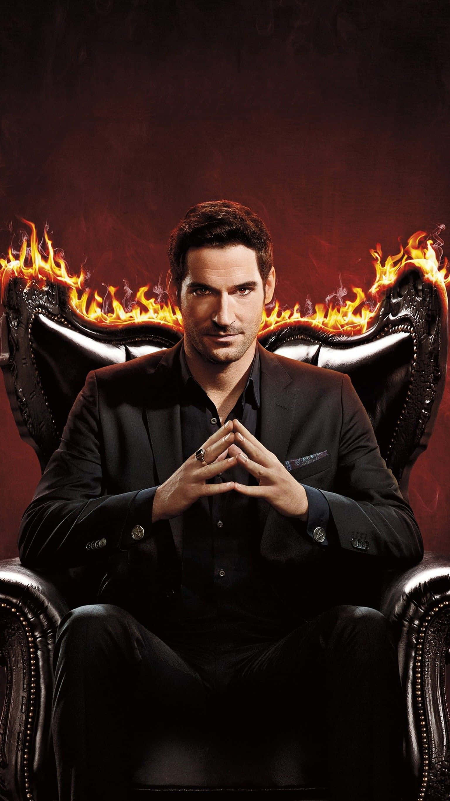 Lucifer, black suit, flaming throne chair, 2K Phone Wallpaper