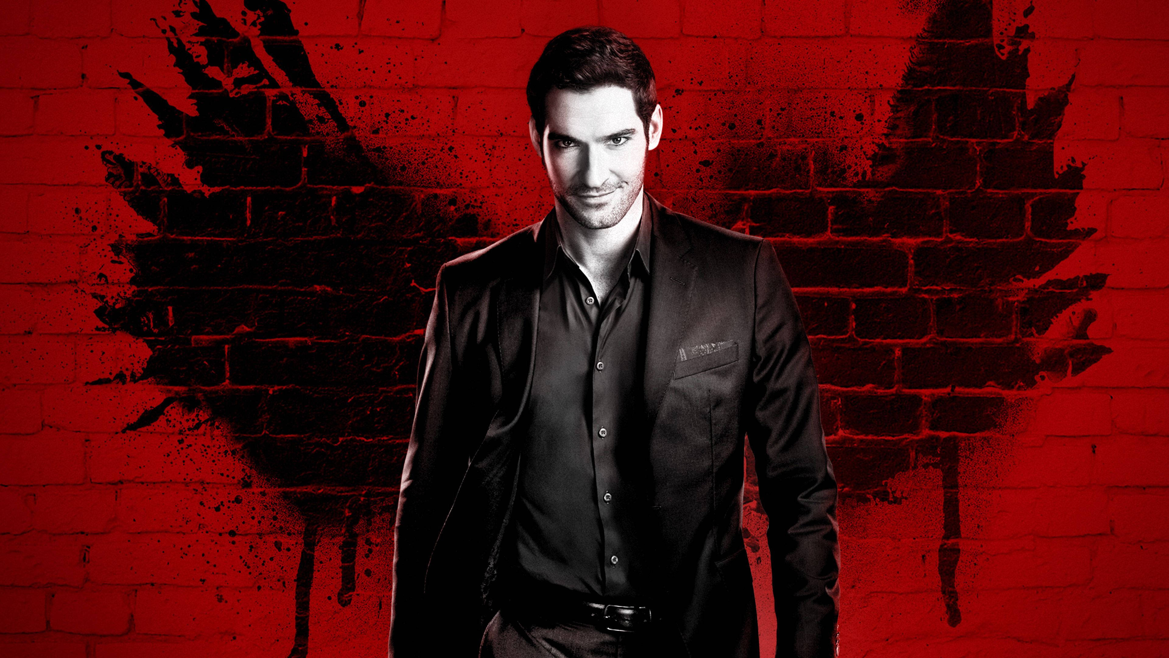 Lucifer, black suit, vivid red brick wall, 4K Desktop Wallpaper