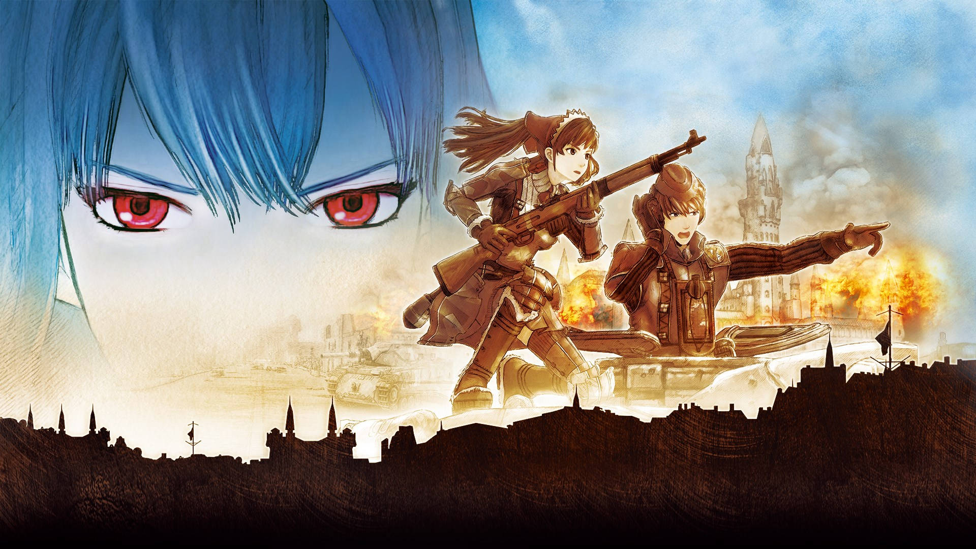 Valkyria Chronicles, blue-haired figure, red eyes, Full HD Desktop Wallpaper