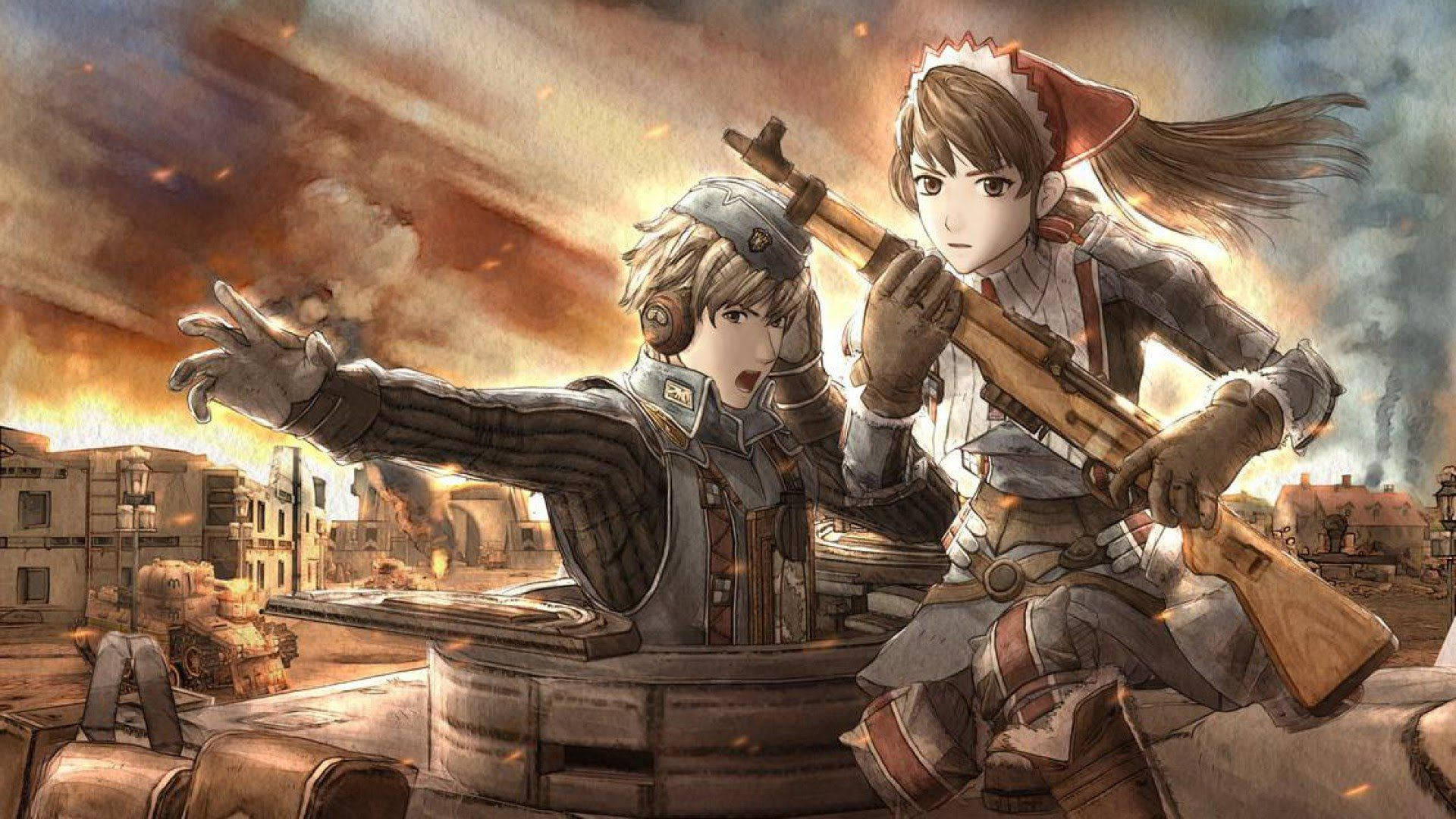 Valkyria Chronicles, anime-style soldiers, war-torn urban battlefield, Full HD Desktop Wallpaper