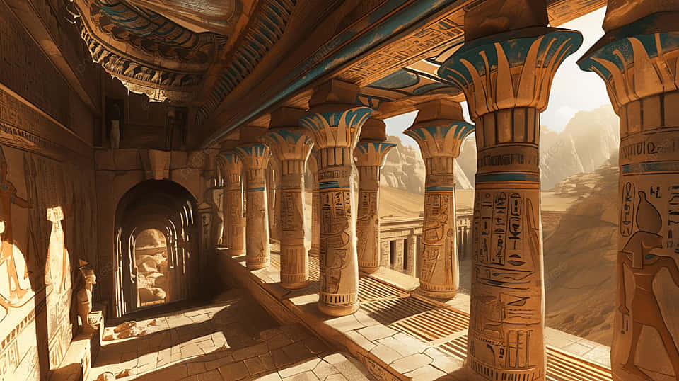 ancient Egyptian temple, colonnade, hieroglyph-covered papyrus columns, SD Desktop Wallpaper