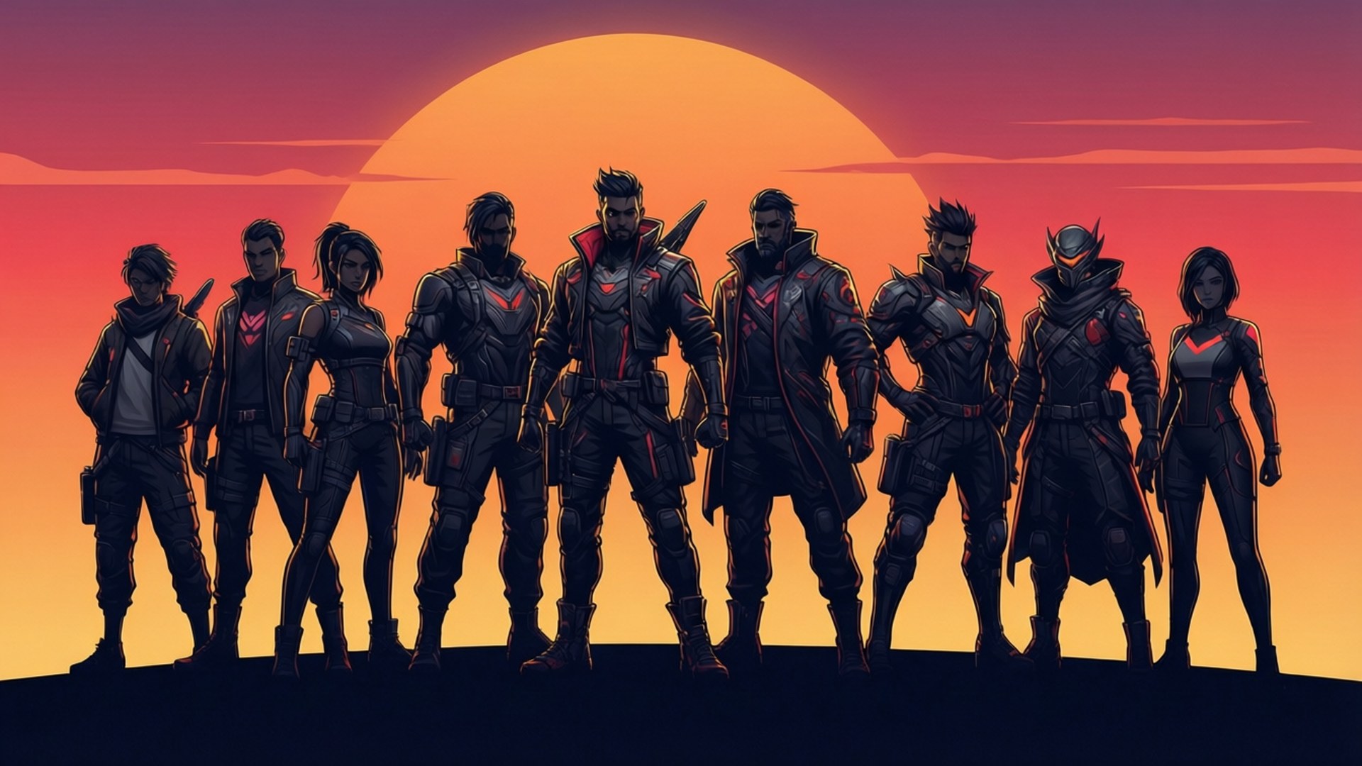 agent silhouettes, futuristic warriors, glowing orange sun, Full HD Desktop Wallpaper