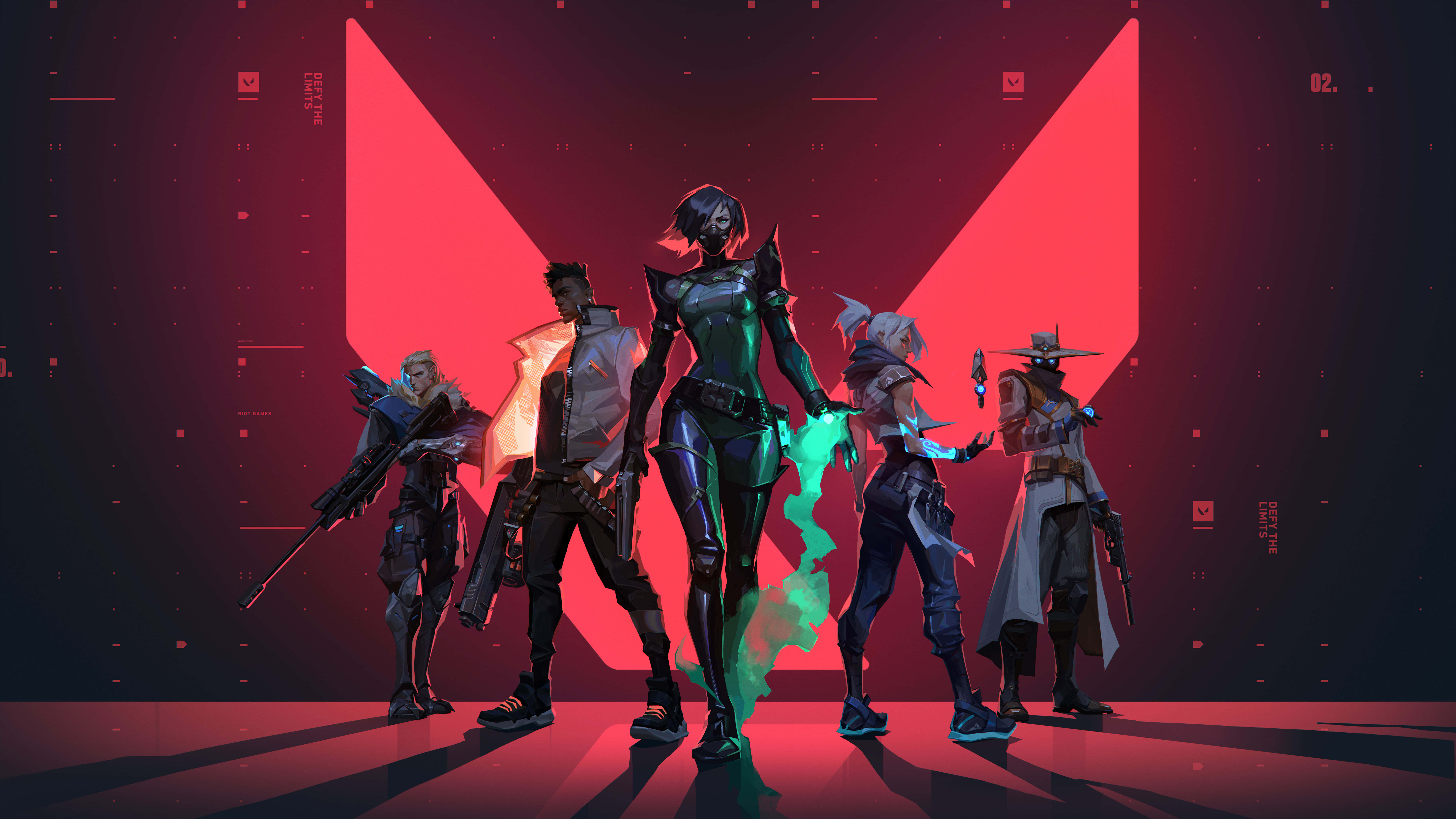 Valorant Agents, glowing red digital arena, neon accents, 8K Desktop Wallpaper