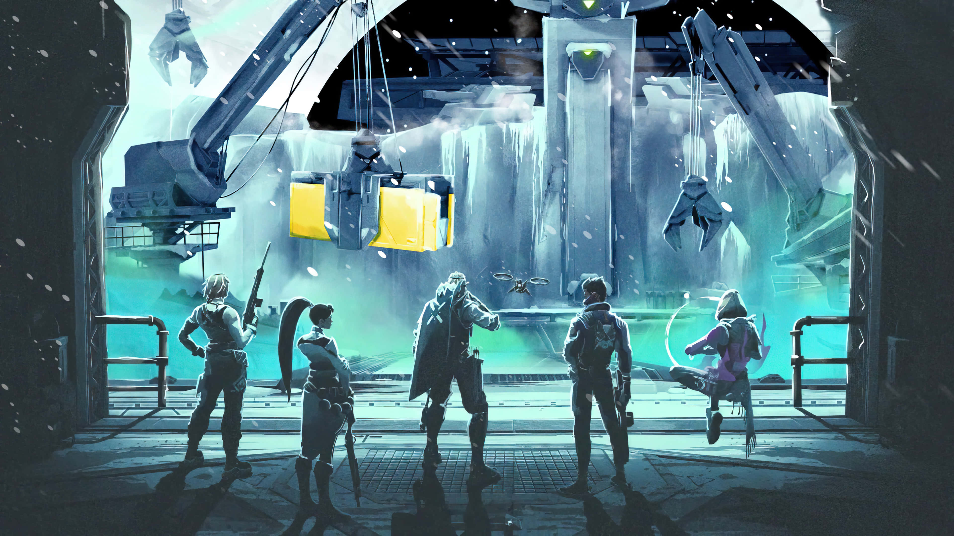 Valorant Agents, futuristic hangar, glowing alien structure, 4K Desktop Wallpaper