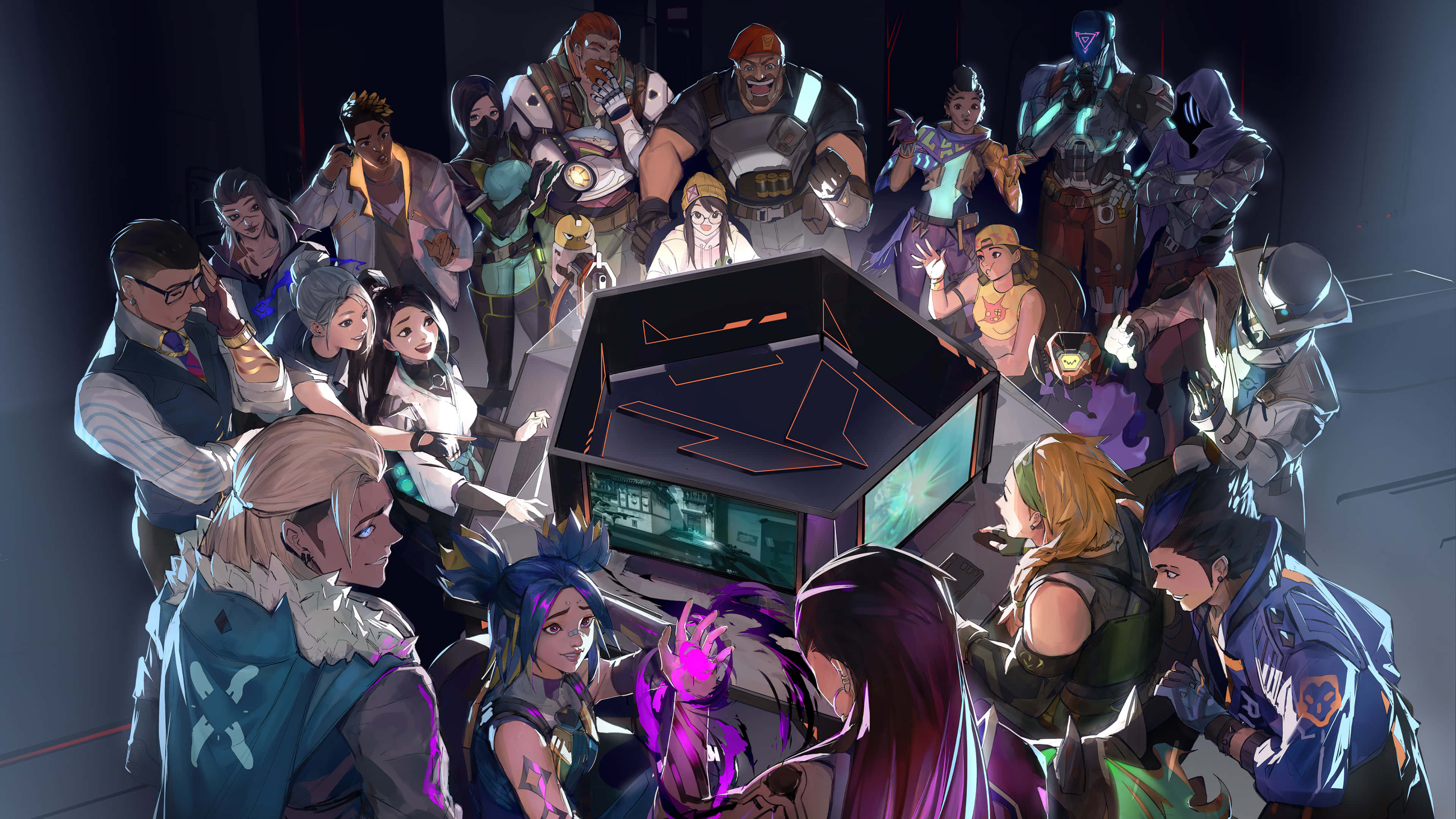 Valorant Agents, glowing futuristic console, dimly lit room, 4K Desktop Wallpaper