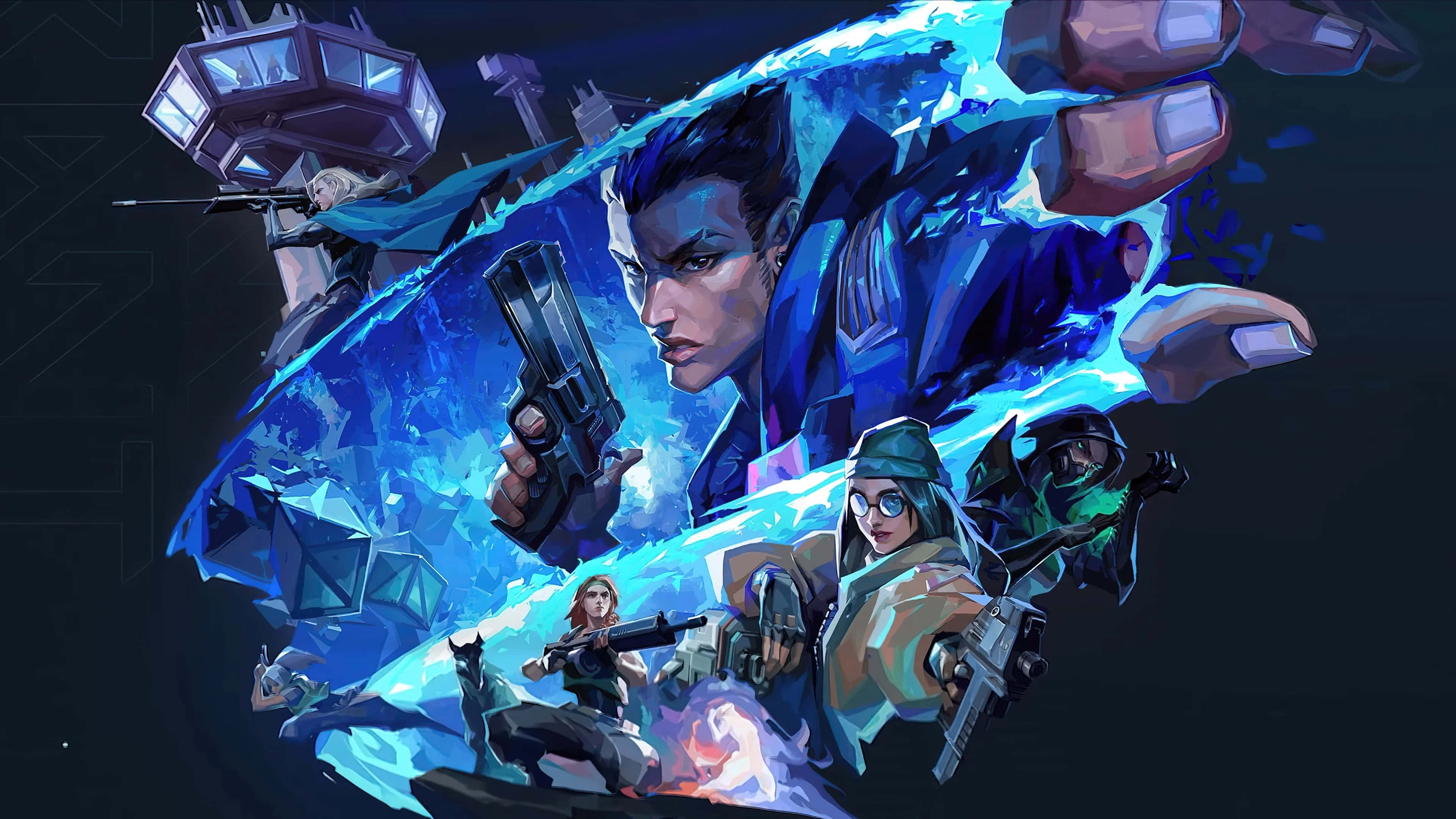 Valorant Agents, anime-style characters, glowing blue energy, 4K Desktop Wallpaper