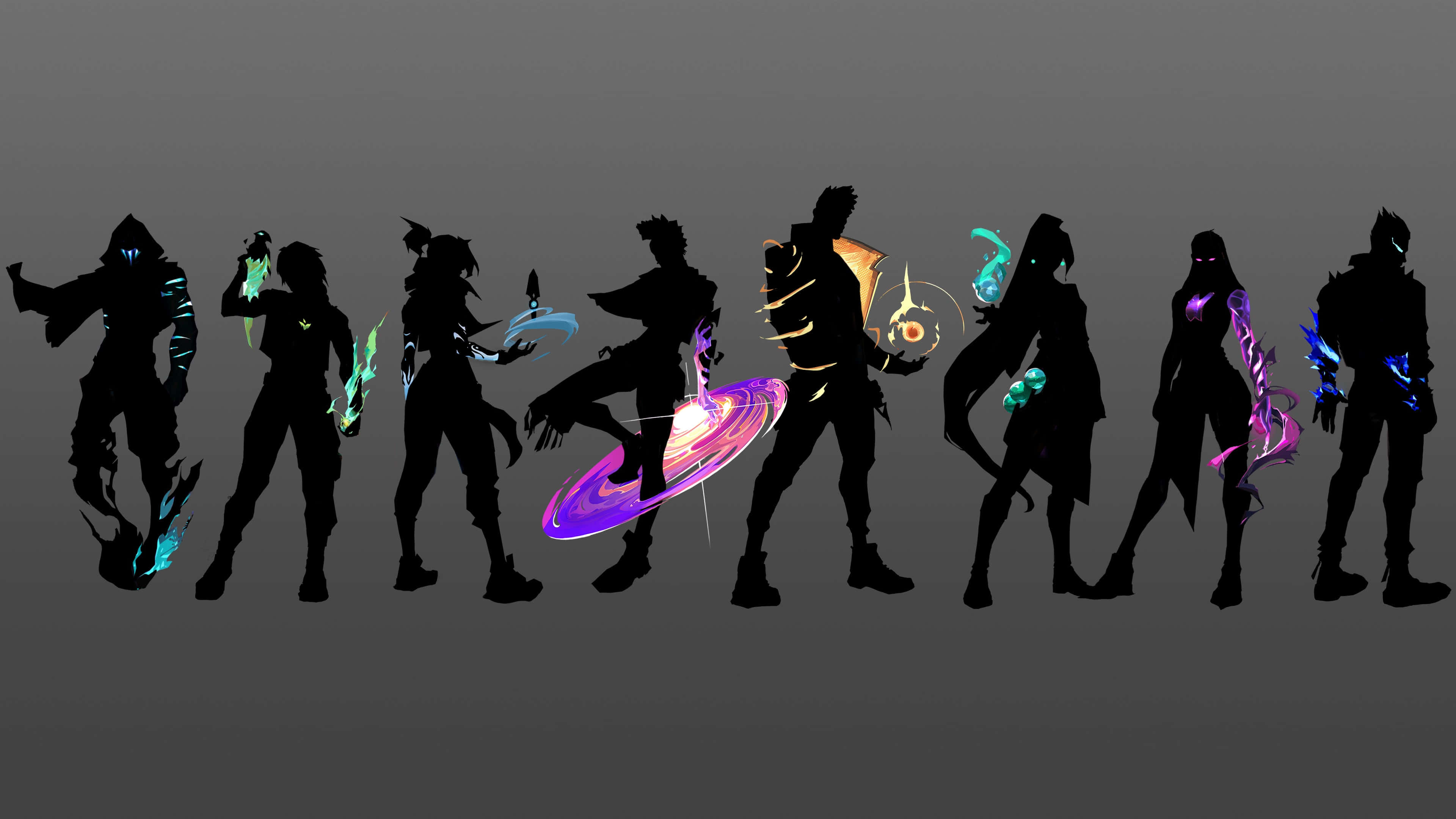 Valorant Agents, dark gray backdrop, vibrant magical energy, 4K Desktop Wallpaper