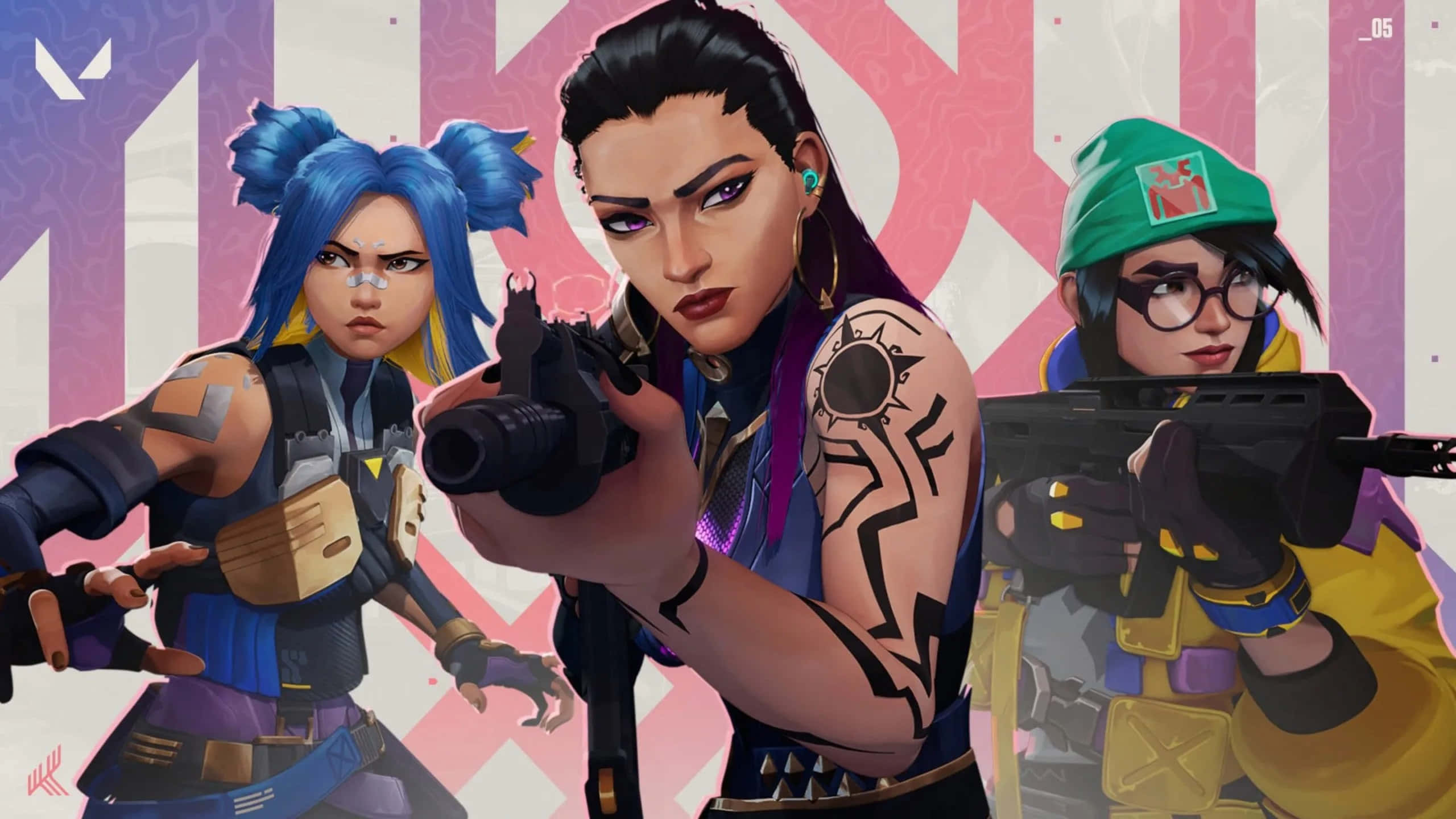 Valorant Agents, three stylized female video game characters, combat gear, 2K Desktop Wallpaper