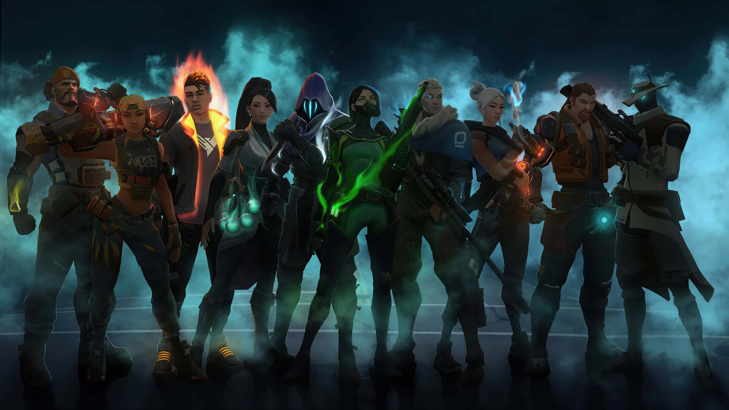 Valorant Agents, neon energy effects, smoky dark arena, 2K Desktop Wallpaper