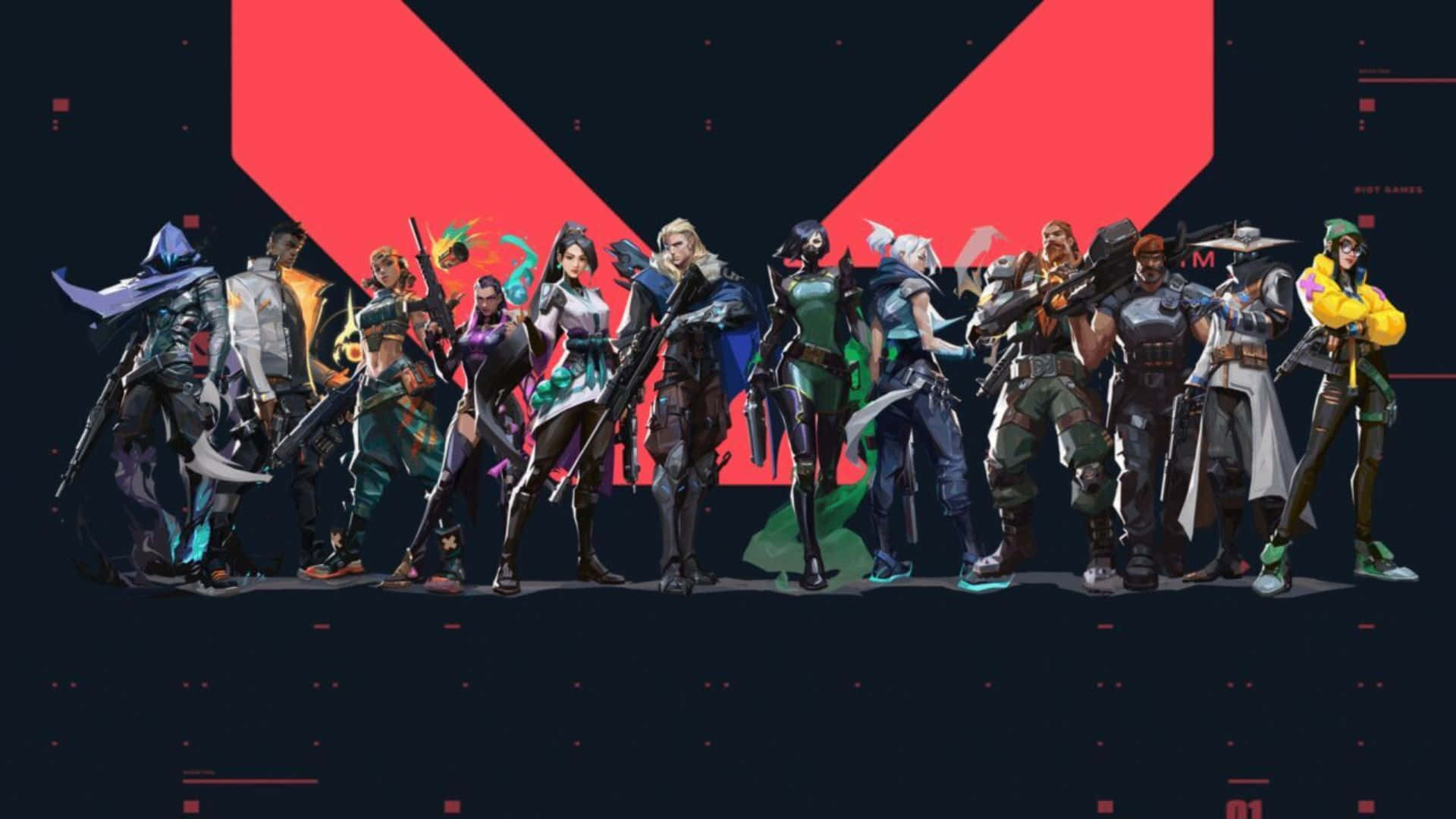 Valorant Agents, tactical gear, bold red V-shaped backdrop, Full HD Desktop Wallpaper