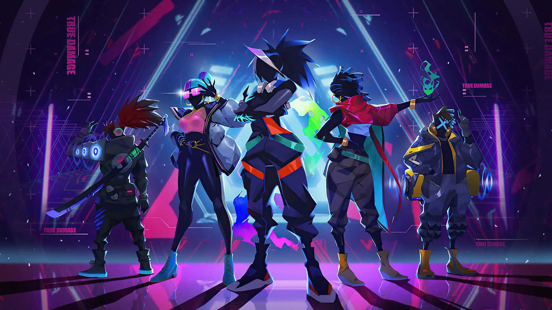 Valorant Agents, neon-lit cyberpunk arena, glowing geometric patterns, Full HD Desktop Wallpaper