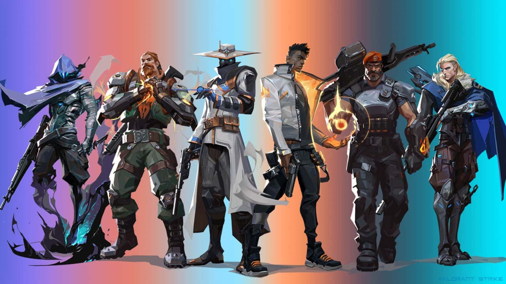 Valorant Agents, tactical gear, vibrant gradient background, Full HD Desktop Wallpaper