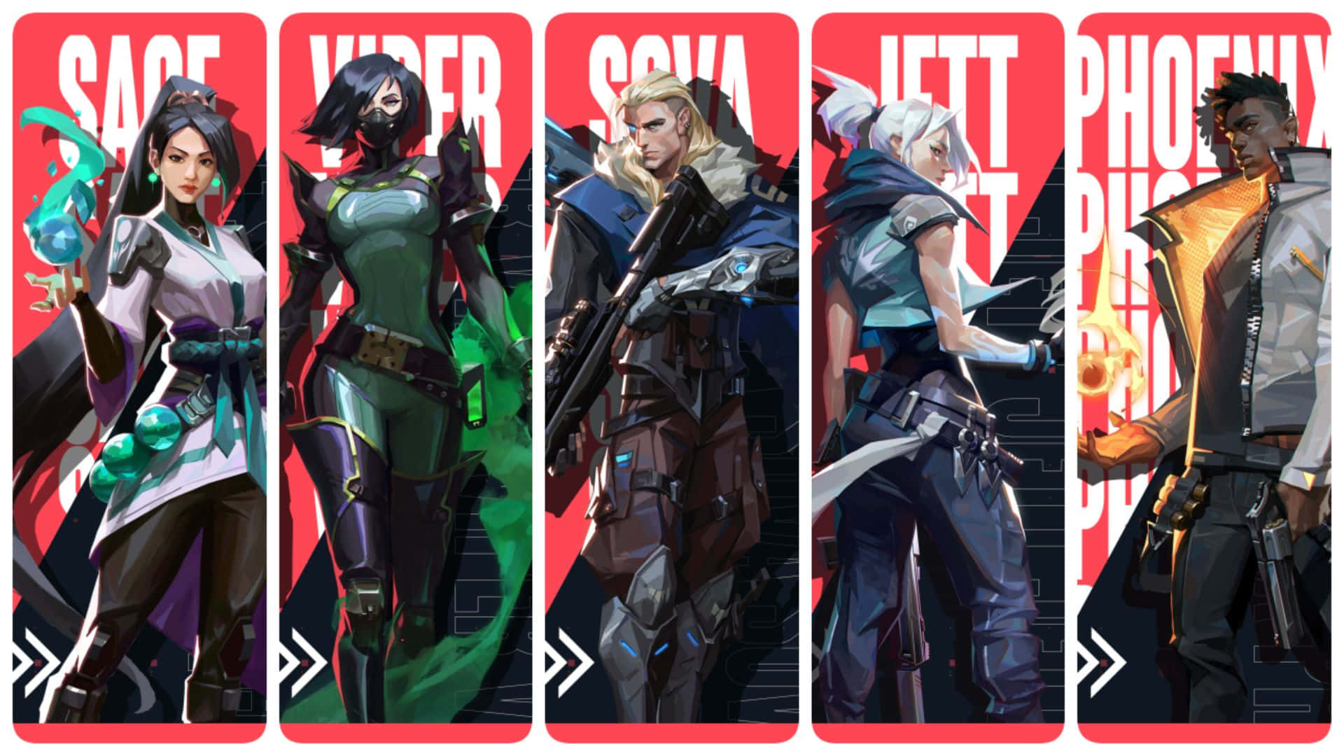 Valorant Agents, red backgrounds, names displayed, Full HD Desktop Wallpaper