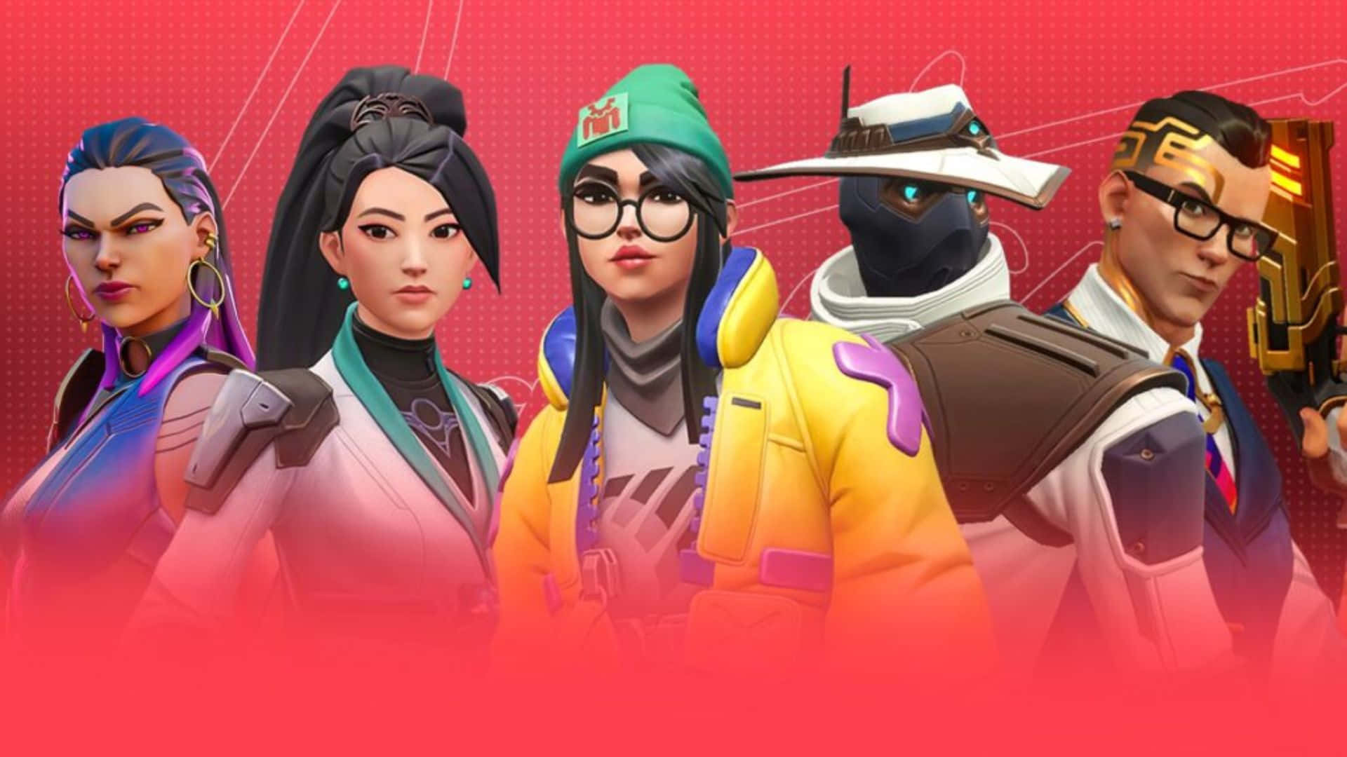 Valorant Agents, vibrant outfits, glowing red background, Full HD Desktop Wallpaper