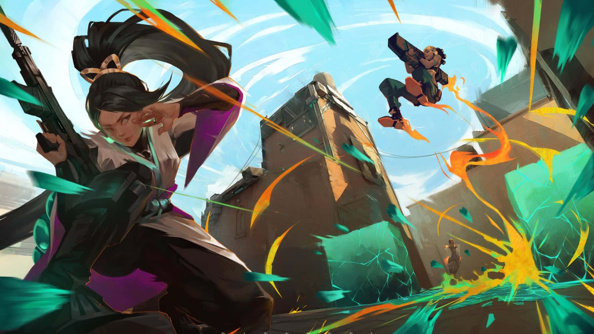 Valorant Agents, anime-style warriors, vibrant urban battlefield, Full HD Desktop Wallpaper