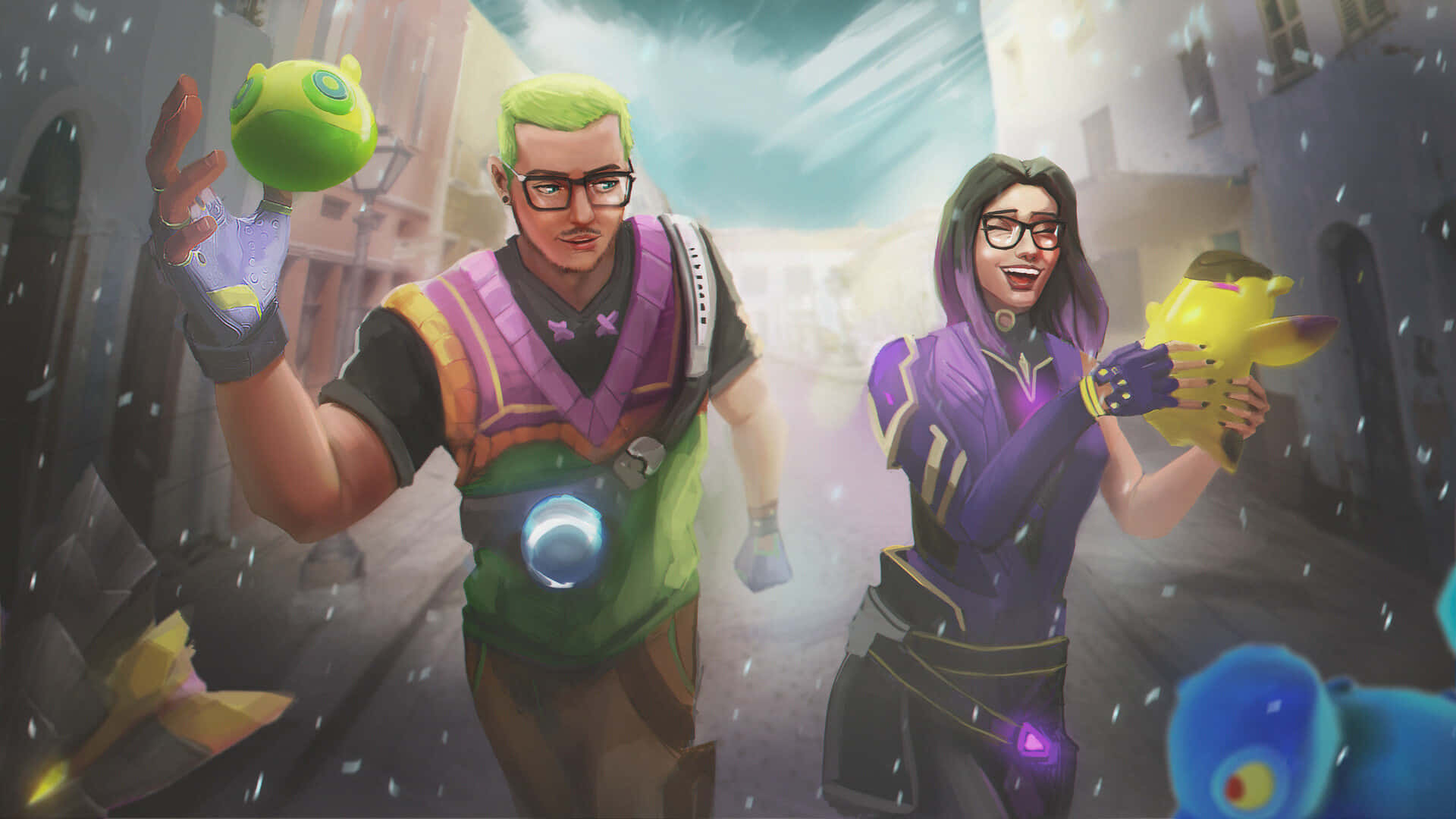 Valorant Agents, rainy urban alleyway, glowing creatures, Full HD Desktop Wallpaper
