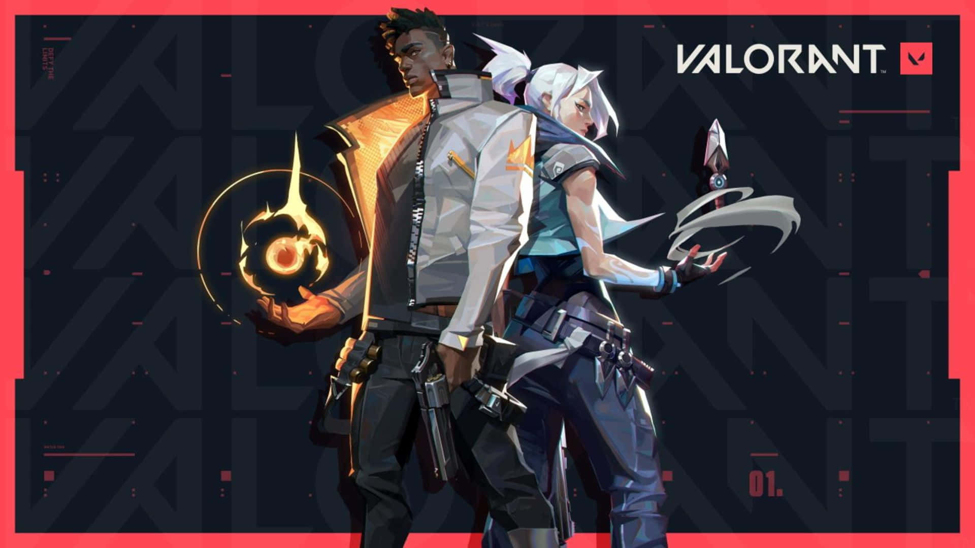 Valorant Agents, glowing orange energy orbs, dark geometric background, Full HD Desktop Wallpaper