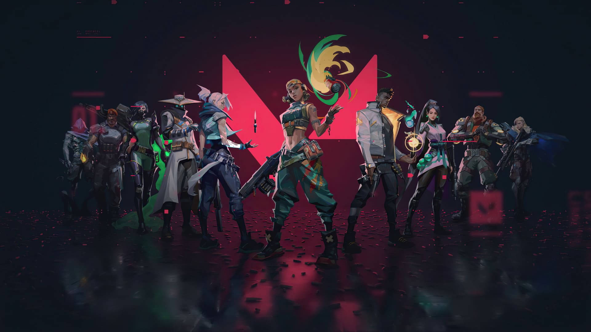 Valorant Computer, red dark scene, glowing red and green lights, Full HD Desktop Wallpaper