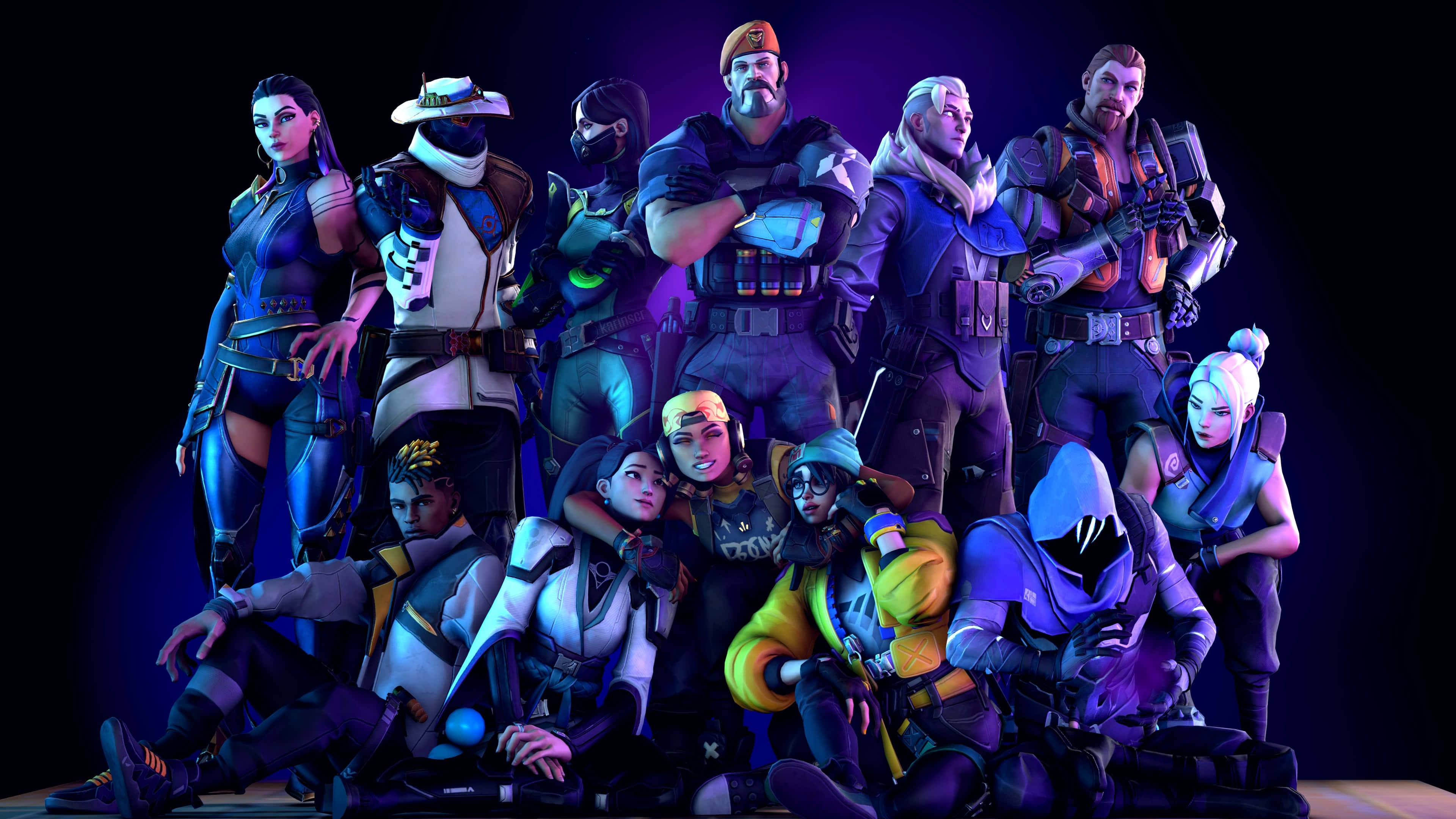 Valorant, video game characters, dark purple background, 4K Desktop Wallpaper