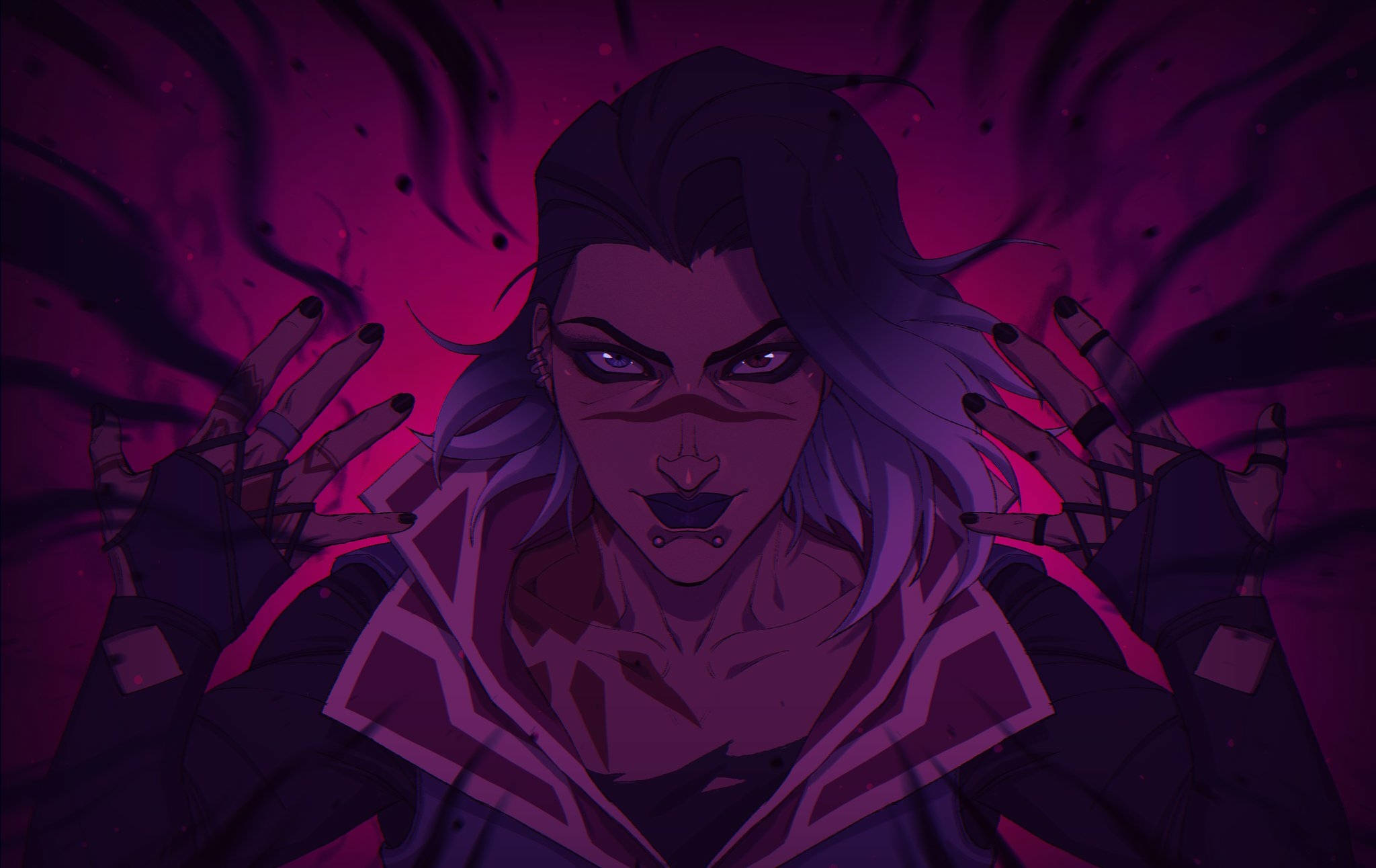 Valorant Fade, purple hair, glowing eyes, Full HD Desktop Wallpaper