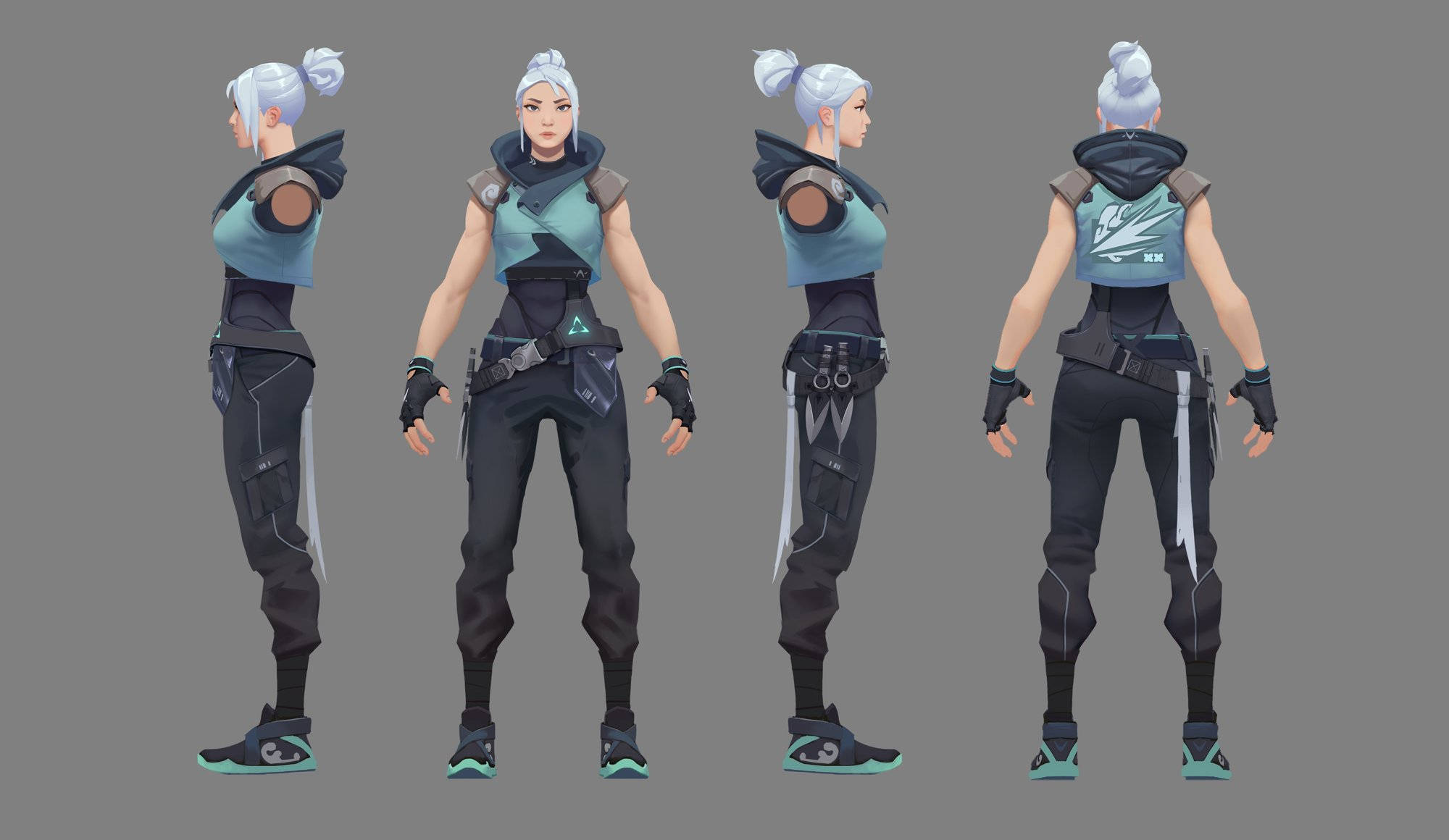 Valorant Jett, silver hair, futuristic teal and black gear, Full HD Desktop Wallpaper