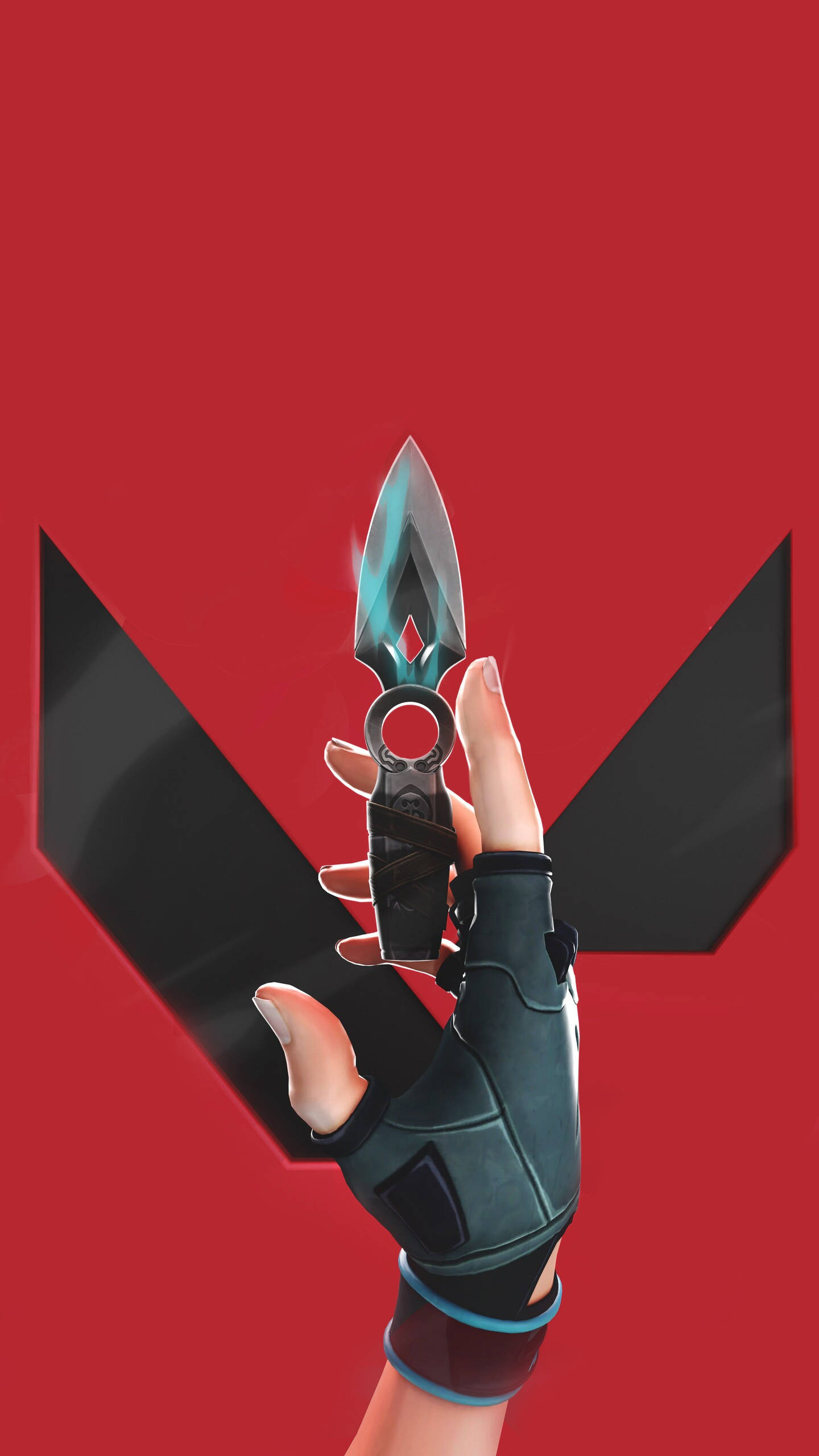 Valorant Jett, glowing blue dagger, bold red background, 2K Phone Wallpaper