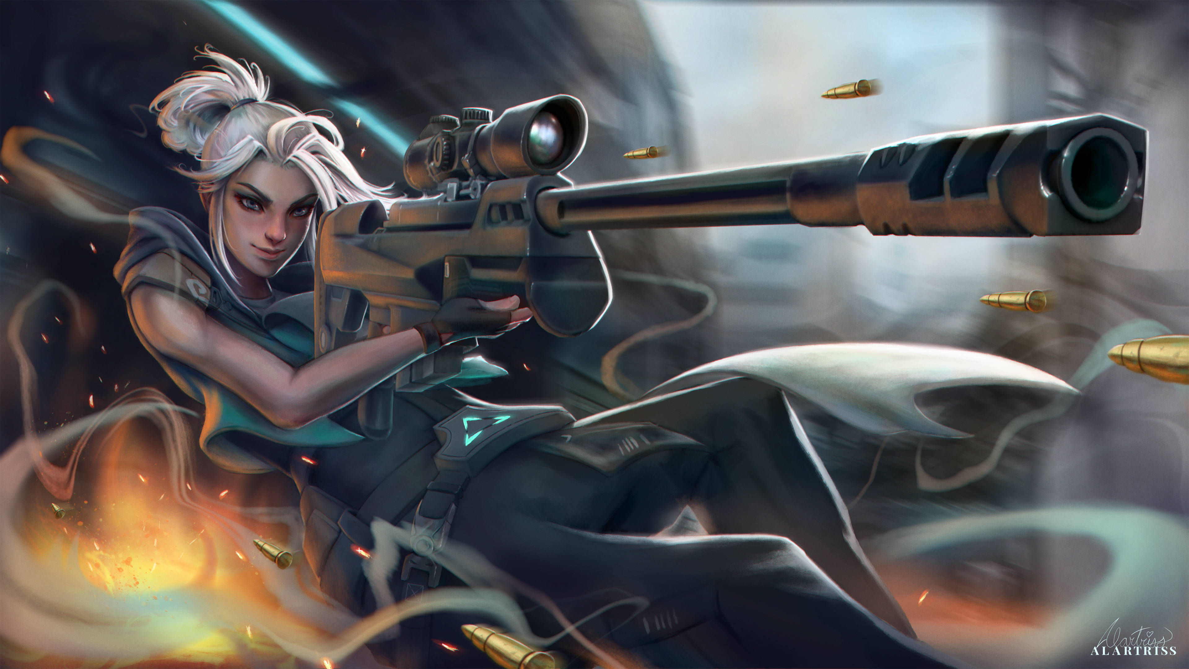 Valorant Jett, white-haired female sniper, tactical gear, 4K Desktop Wallpaper