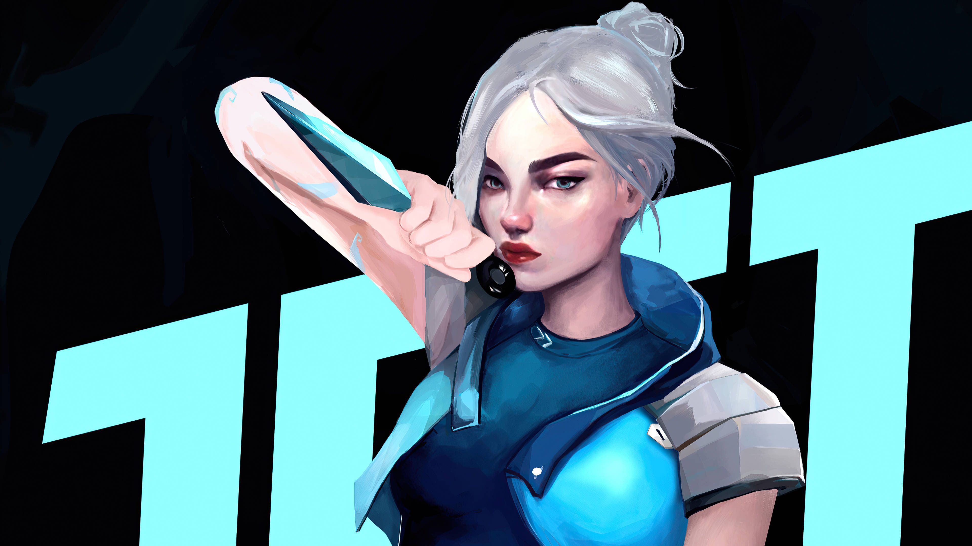 Valorant Jett, silver hair, glowing blue blade, 4K Desktop Wallpaper