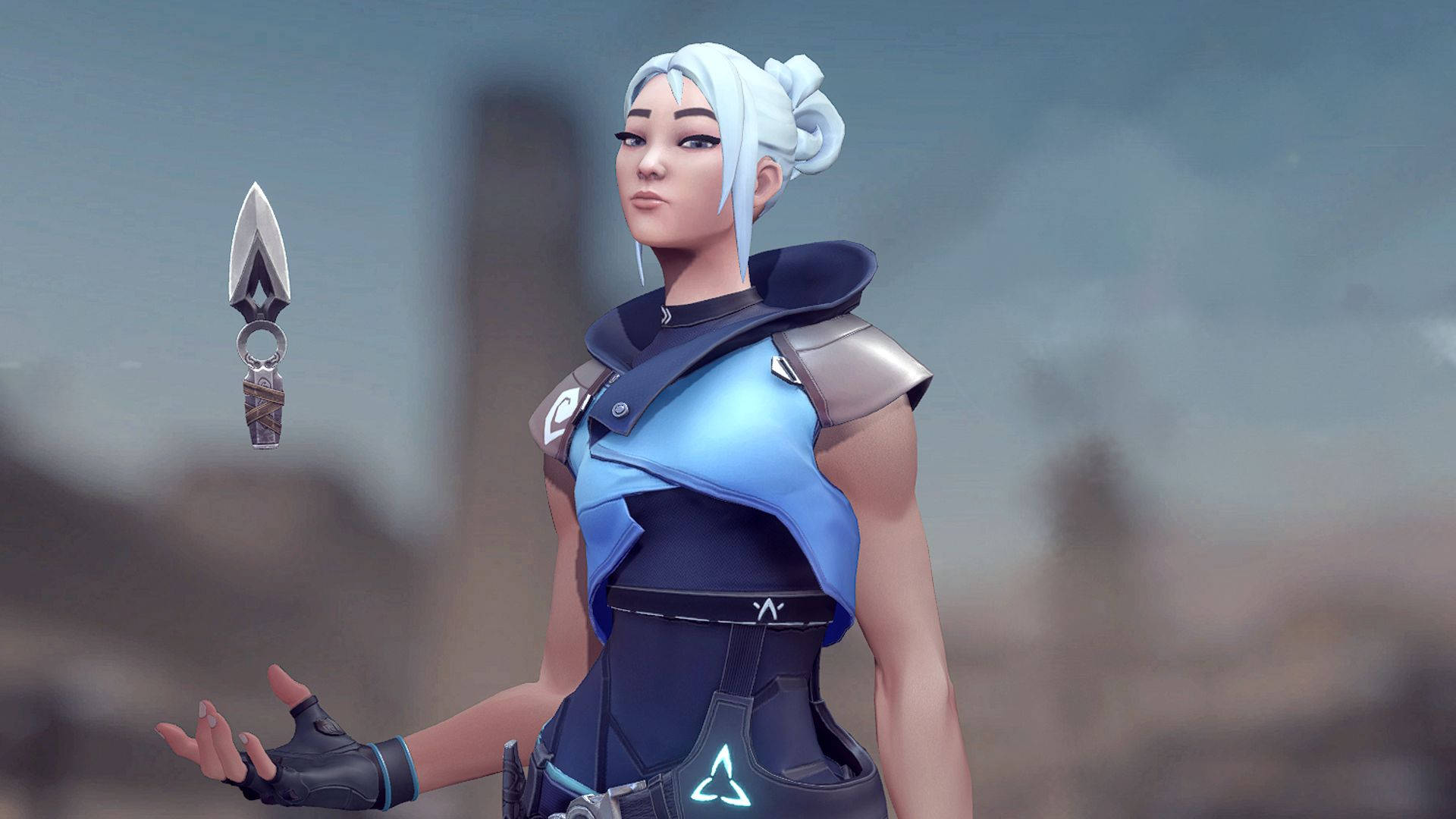 Valorant Jett, white hair, blue armor, Full HD Desktop Wallpaper