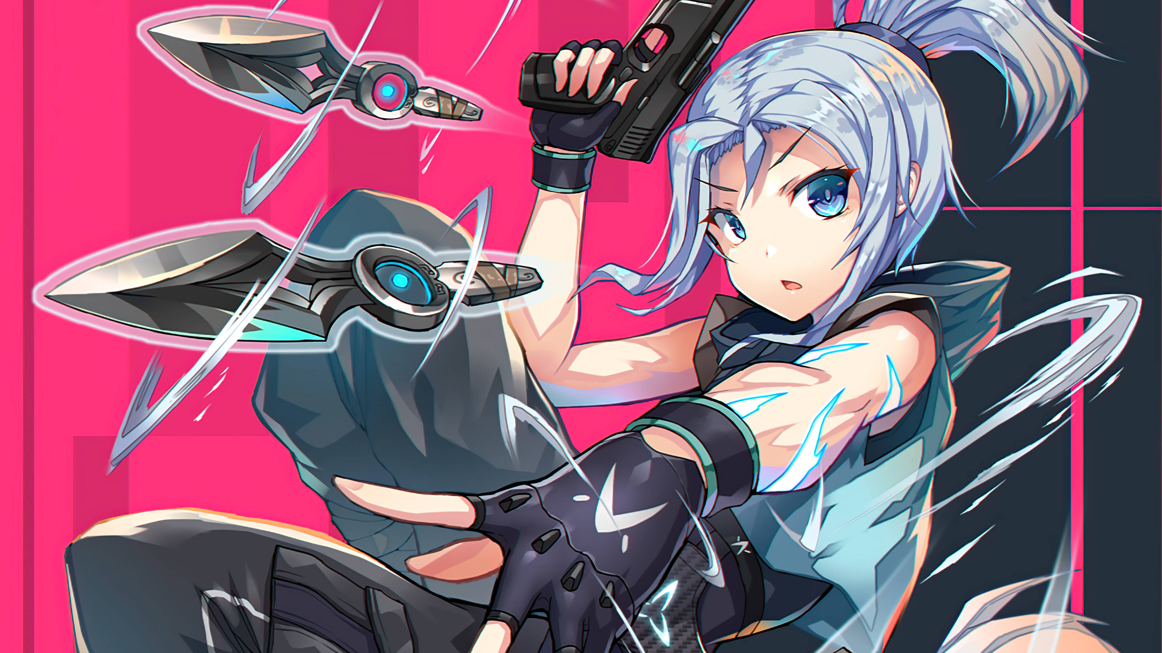 Valorant Jett, silver-haired anime girl, futuristic pistol, 4K Desktop Wallpaper