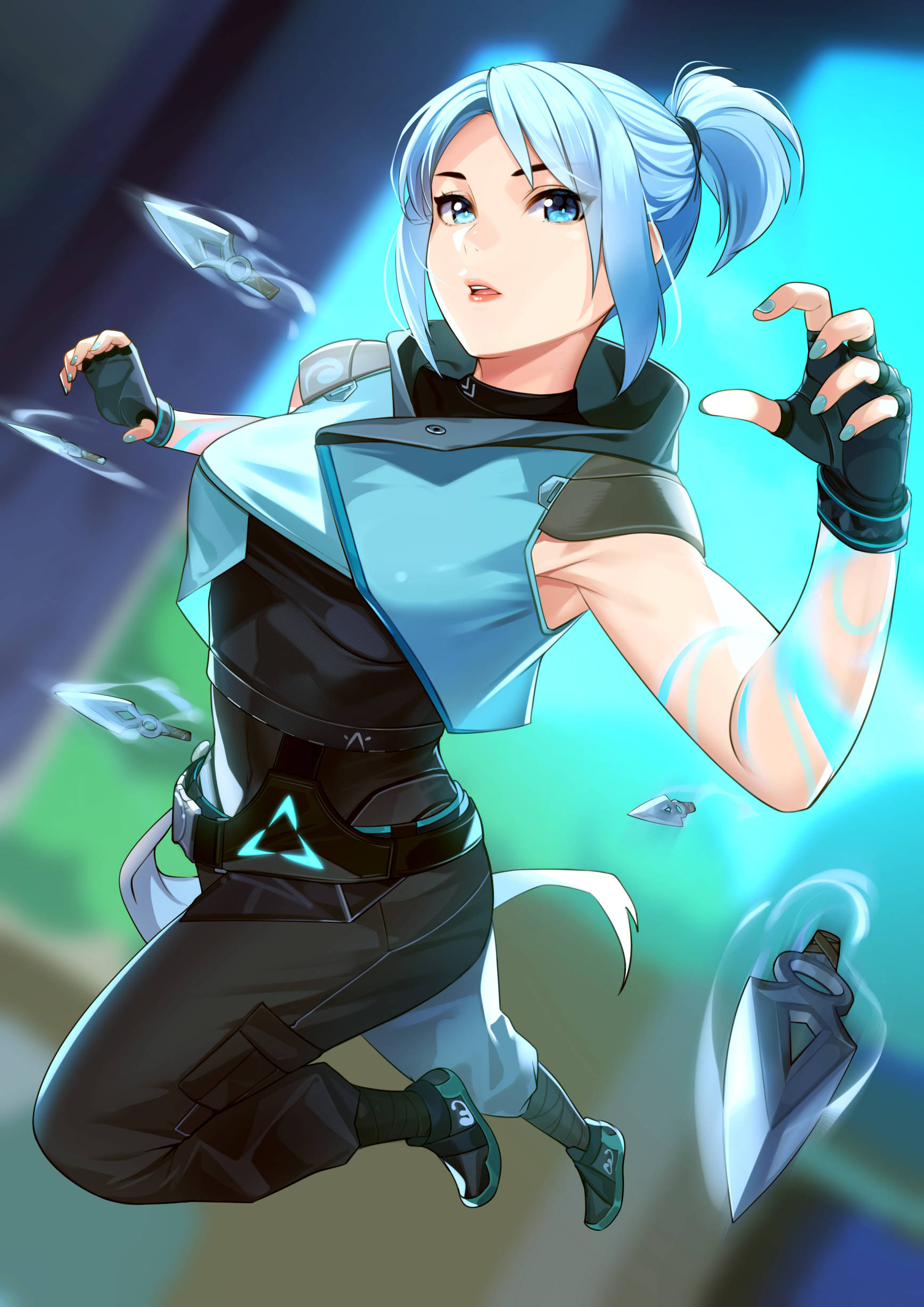 Valorant Jett, blue-haired anime girl, black and blue gear, Full HD Phone Wallpaper