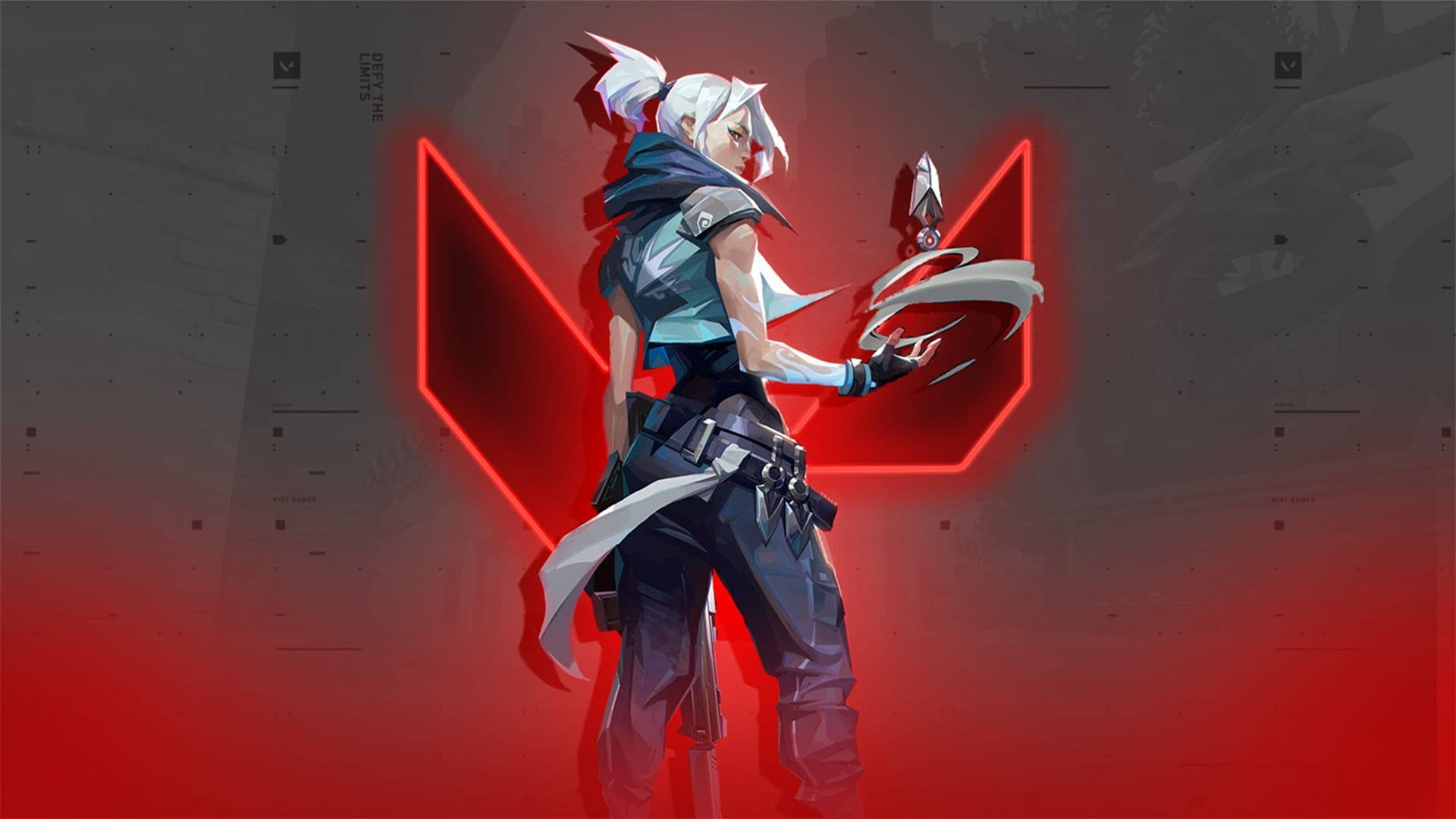 Valorant Jett, white-haired anime character, tactical gear, Full HD Desktop Wallpaper
