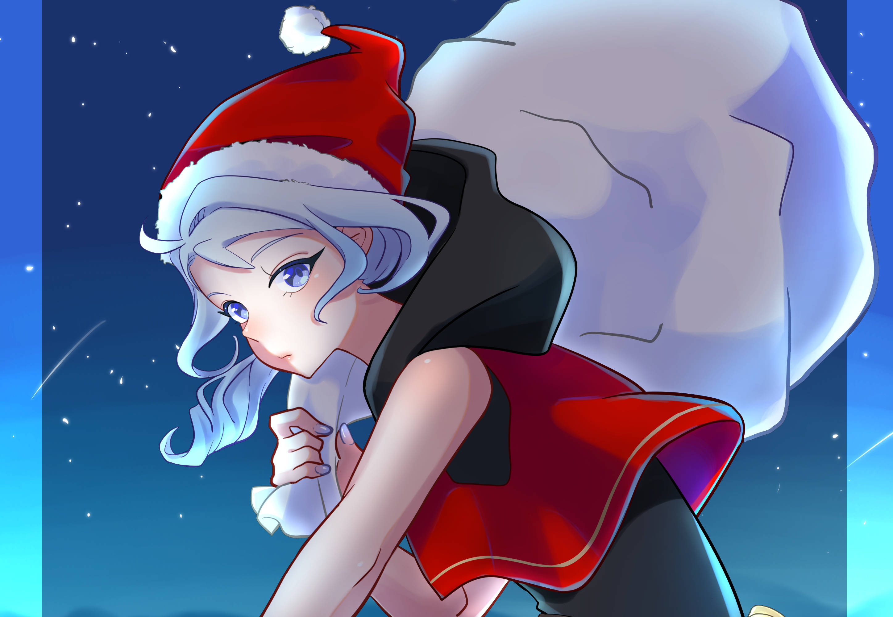 Valorant Jett, silver-haired anime girl, red Santa hat, 2K Desktop Wallpaper