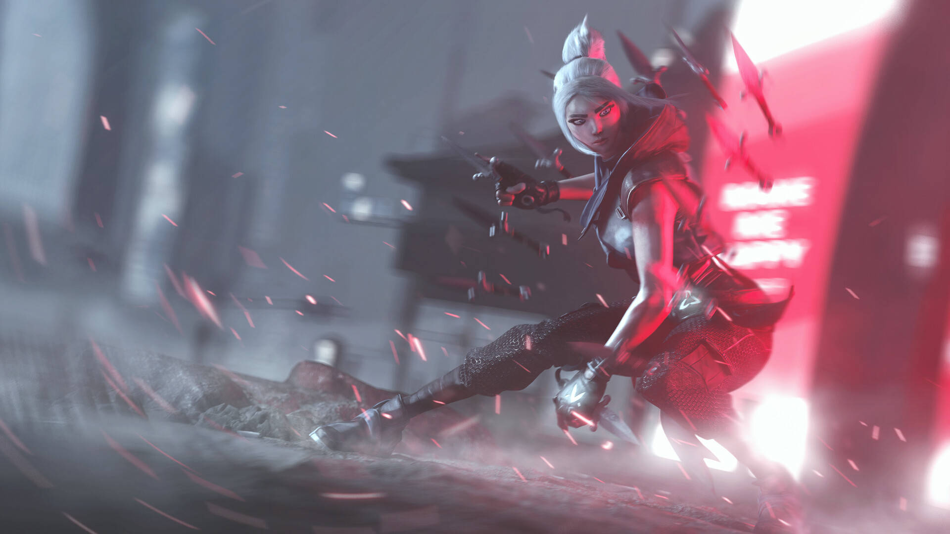 Valorant Jett, Blade Storm, neon-drenched urban alleyway, Full HD Desktop Wallpaper