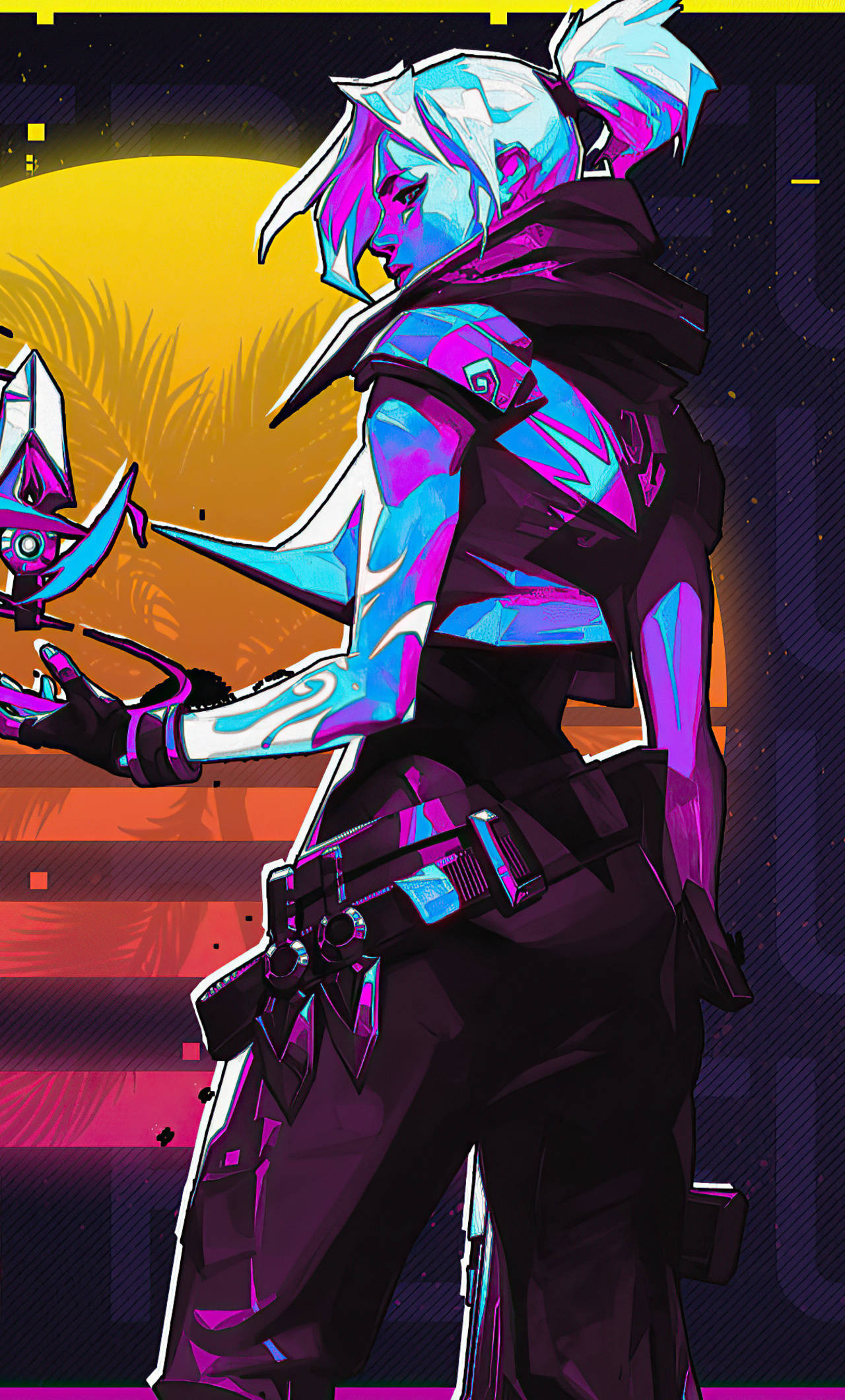 Valorant Jett, glowing blue and purple hair, futuristic weapon, Full HD Phone Wallpaper