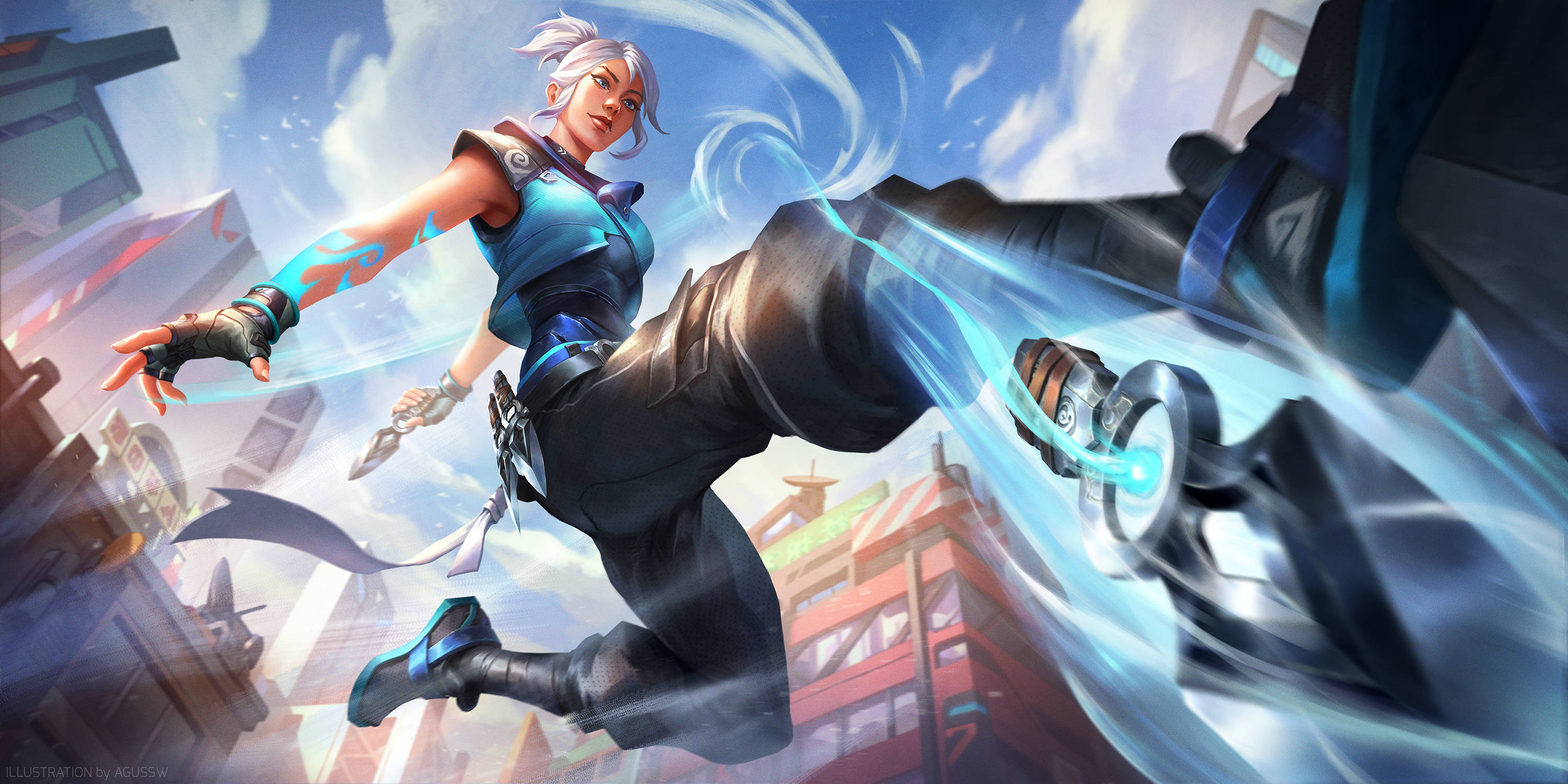 Valorant Jett, silver hair, futuristic cityscape, 2K Desktop Wallpaper