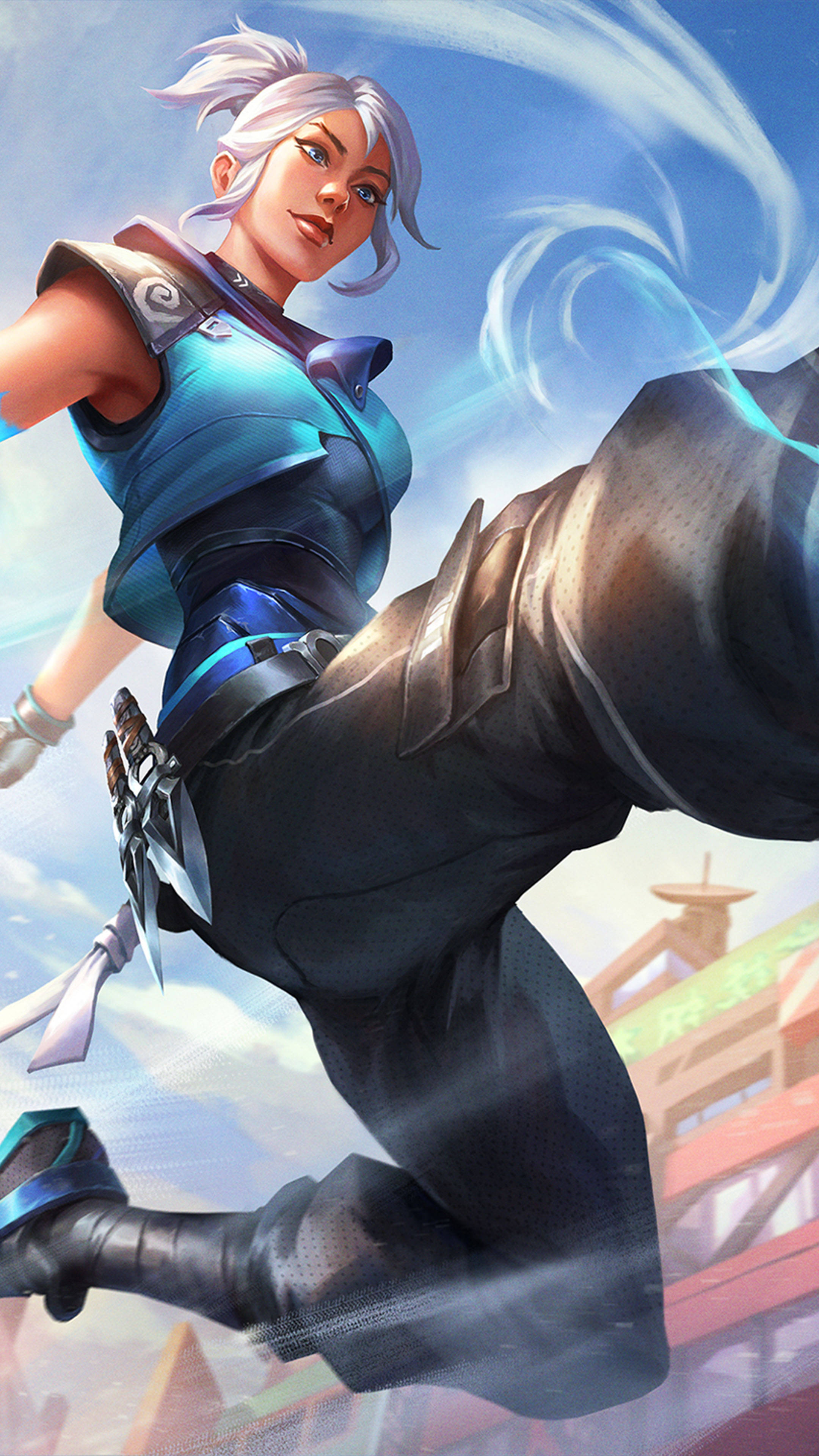 Valorant Jett, flying kick attack, silver hair, 4K Phone Wallpaper