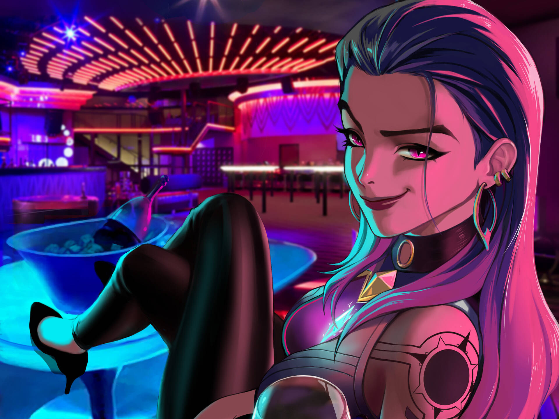 Valorant, Reyna, neon-lit nightclub, Full HD Desktop Wallpaper