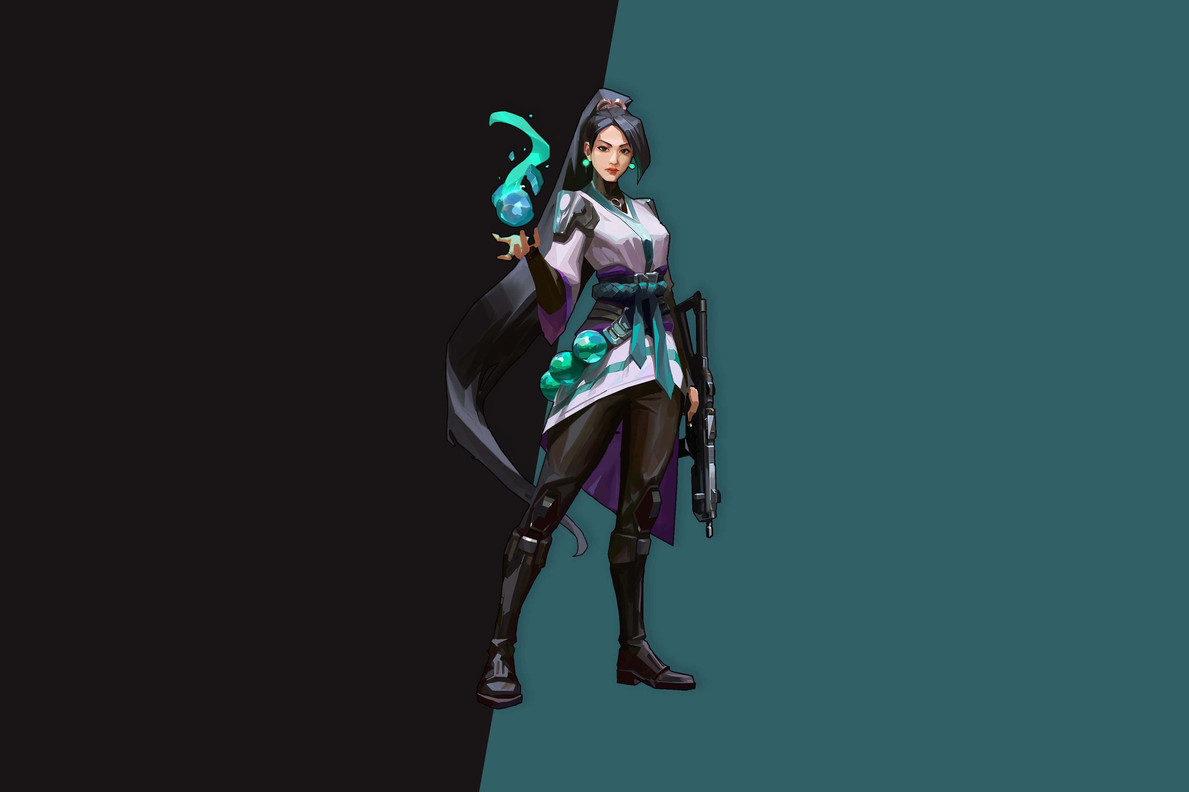 Valorant Sage, white and purple armor, glowing teal orb, 4K Desktop Wallpaper