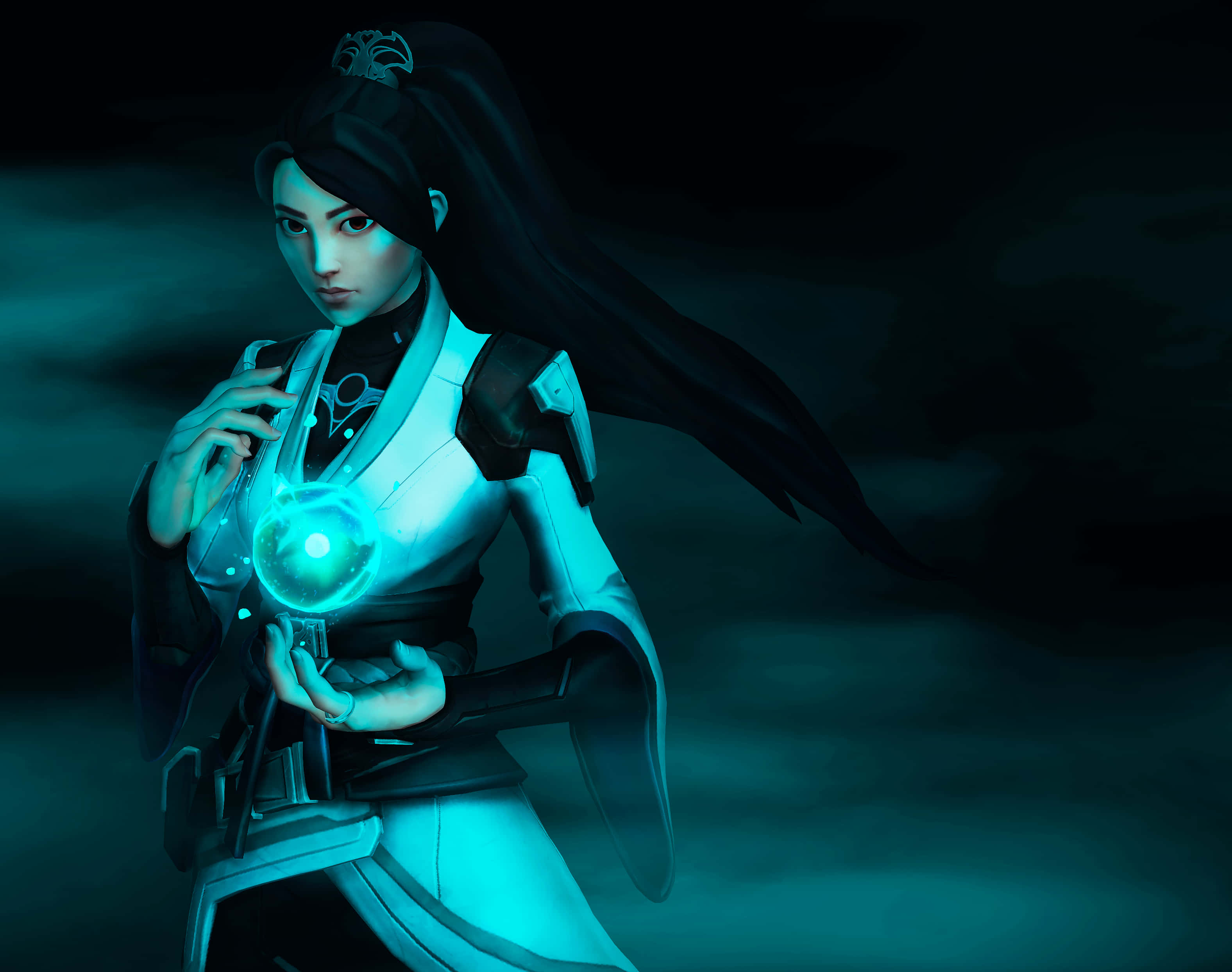 Valorant Sage, dark-haired woman, futuristic armor, 2K Desktop Wallpaper