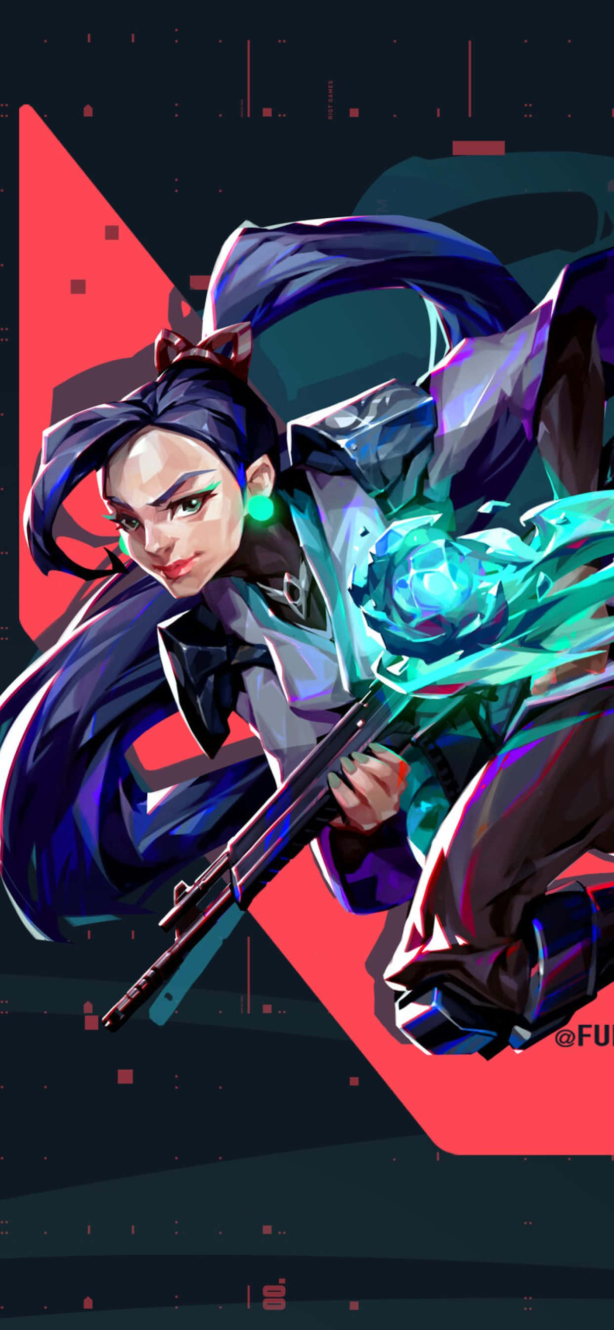 Valorant Sage, blue hair, glowing green eyes, 2K Phone Wallpaper