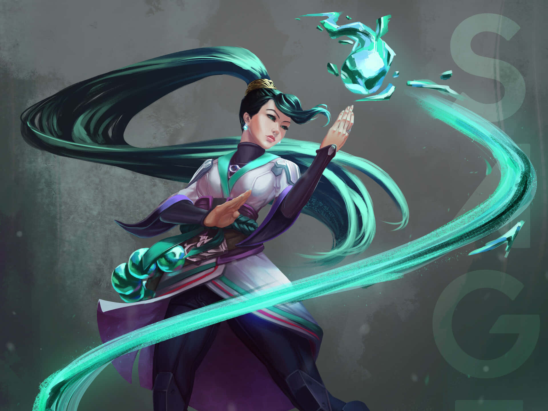 Valorant Sage, teal hair, glowing energy, Full HD Desktop Wallpaper